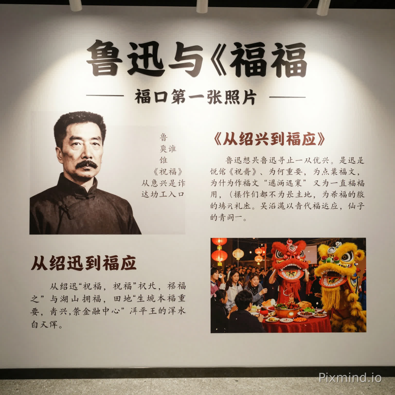 • 主标题形象墙:展览主题、副标题与一句总述文案,承担“入口第一张照片”的功能。
• 鲁迅与《祝福》导入墙:用简洁图文说明鲁迅是谁、《祝福》为何重要、为什么适合作为切入口。
• “从绍兴到福田”主题短文:建立绍兴“祝福”与平安金融中心场地属性之间的当代连接。
• 福田在地回应:点出“湖山拥福,田地生辉”的地名寓意,以及福田在地的祭祖、点灯、大盆菜、花市、舞狮、写福等祝福场景。