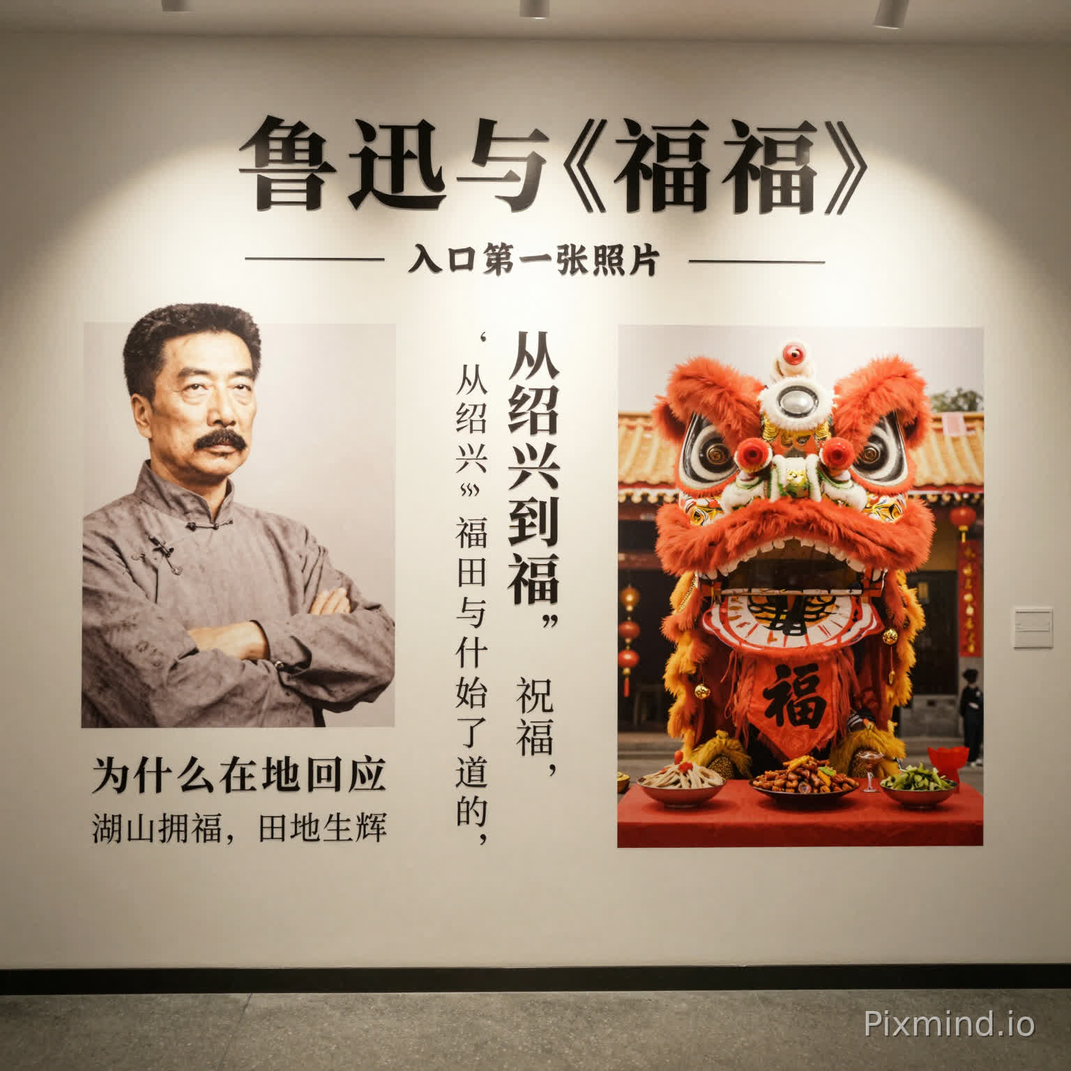 主标题形象墙:展览主题、副标题与一句总述文案,承担“入口第一张照片”的功能。
鲁迅与《祝福》导入墙:用简洁图文说明鲁迅是谁、《祝福》为何重要、为什么适合作为切入口。
“从绍兴到福田”主题短文:建立绍兴“祝福”与平安金融中心场地属性之间的当代连接。
福田在地回应:点出“湖山拥福,田地生辉”的地名寓意,以及福田在地的祭祖、点灯、大盆菜、花市、舞狮、写福等祝福场景。
以上内容生成展厅效果