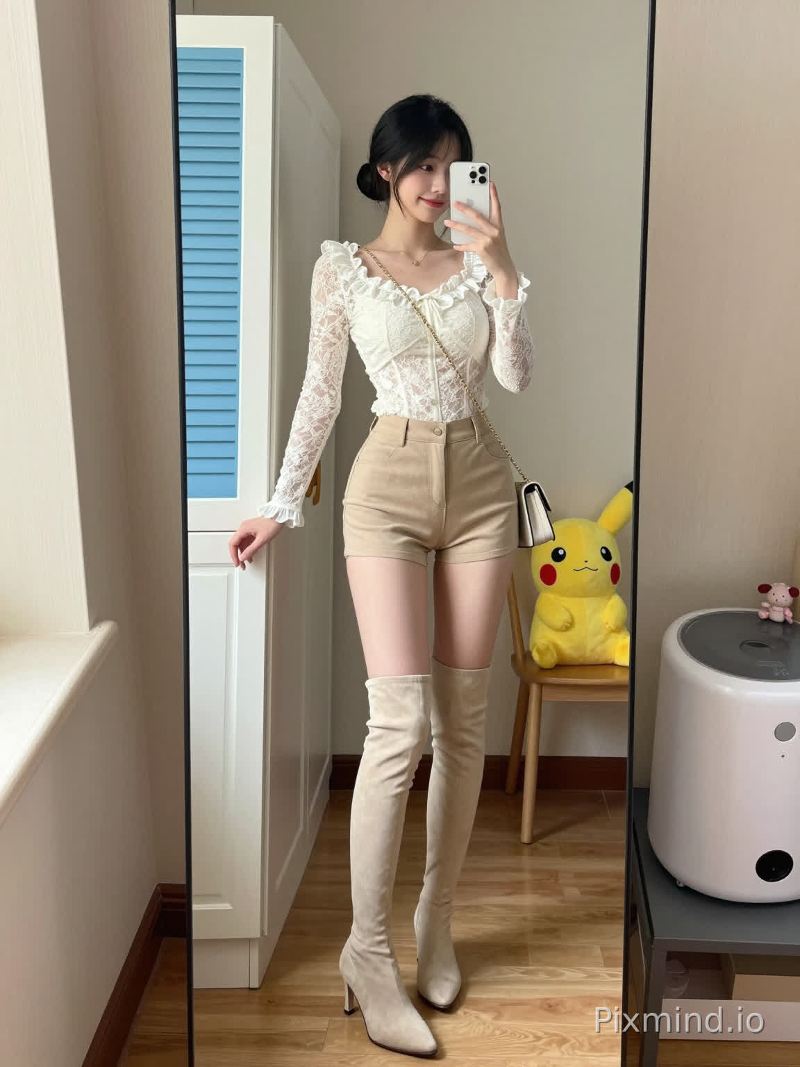 A full-length mirror reflects a young woman taking a selfie, standing in a cozy indoor room. She has long black hair tied into a low bun, with a few loose strands framing her face. Her skin is fair, with a natural, fresh makeup look, and she has a relaxed, gentle smile.
She wears a white lace long-sleeve top with ruffled trim at the square neckline, delicate lace patterns, and subtle pleated details on the front, fitting closely to her figure. On her lower body, she has high-waisted beige short shorts that are fitted and short, showing her toned legs. Her legs are slender and straight, paired with beige over-the-knee high-heeled boots that reach above her knees, with a sleek, suede-like texture.
She holds a white smartphone with a camera lens visible in her right hand, taking the selfie. A light-colored chain-strap bag is slung over her left shoulder, with a small, rectangular body. Her left hand gently rests on the edge of a white wardrobe or cabinet to her side, which has a blue louvered door.
The room has light-colored textured walls and wooden flooring, with a warm, natural light source (likely from a window on the left) illuminating the scene, casting soft shadows. To her right, in the background, there is a wooden chair with a yellow Pikachu plush toy sitting on it. Near the bottom right corner of the mirror, a white cylindrical appliance (possibly a dehumidifier or washing machine) is placed on a dark gray shelf, along with a small pink and white plush toy.
The overall atmosphere is bright, cozy, and lifelike, with sharp focus on the woman and the details of her outfit and the room. The composition emphasizes the full-body shot, with the mirror reflecting the depth of the room, creating a sense of space and intimacy.