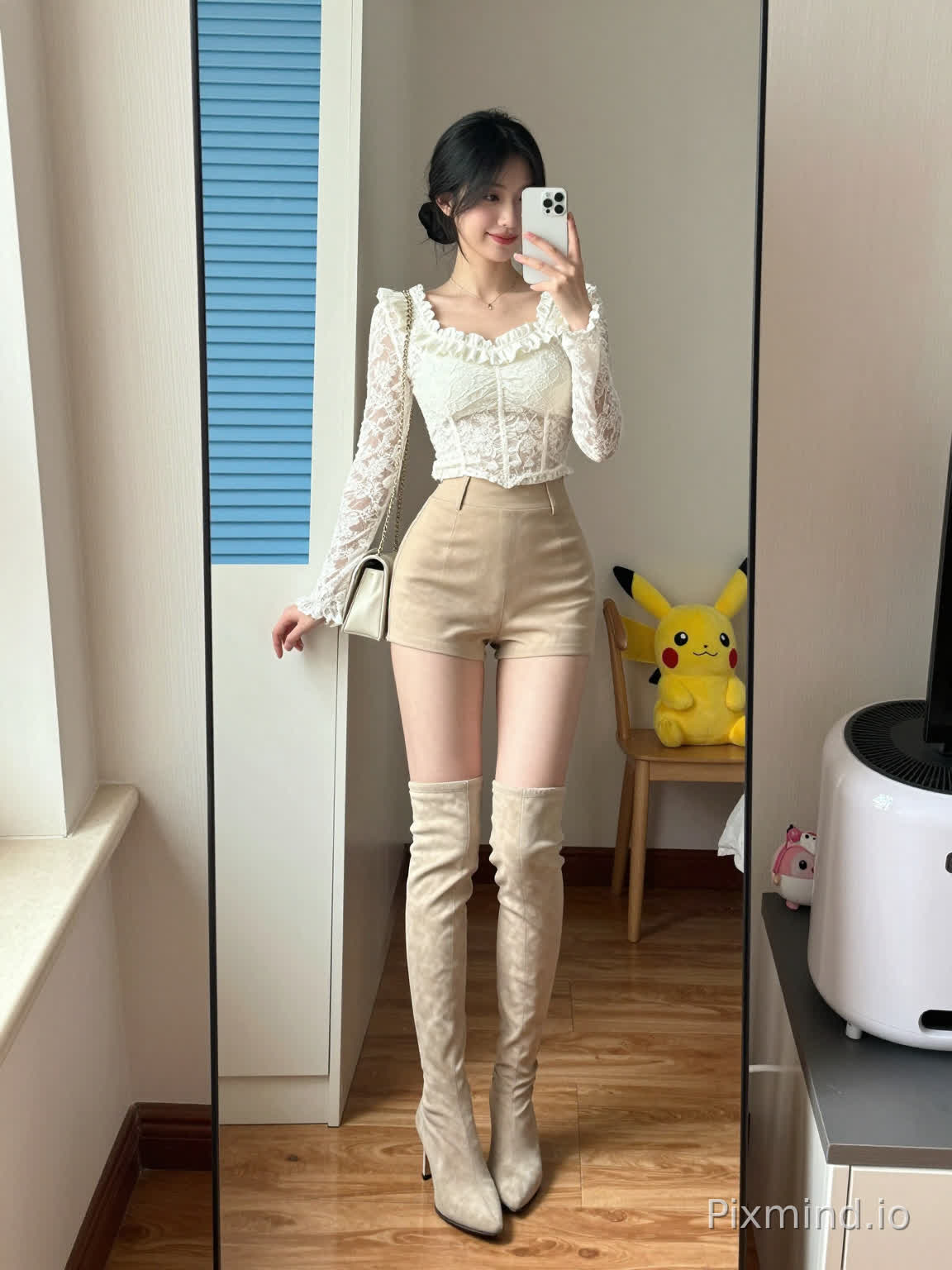 A full-length mirror reflects a young woman taking a selfie, standing in a cozy indoor room. She has long black hair tied into a low bun, with a few loose strands framing her face. Her skin is fair, with a natural, fresh makeup look, and she has a relaxed, gentle smile.
She wears a white lace long-sleeve top with ruffled trim at the square neckline, delicate lace patterns, and subtle pleated details on the front, fitting closely to her figure. On her lower body, she has high-waisted beige short shorts that are fitted and short, showing her toned legs. Her legs are slender and straight, paired with beige over-the-knee high-heeled boots that reach above her knees, with a sleek, suede-like texture.
She holds a white smartphone with a camera lens visible in her right hand, taking the selfie. A light-colored chain-strap bag is slung over her left shoulder, with a small, rectangular body. Her left hand gently rests on the edge of a white wardrobe or cabinet to her side, which has a blue louvered door.
The room has light-colored textured walls and wooden flooring, with a warm, natural light source (likely from a window on the left) illuminating the scene, casting soft shadows. To her right, in the background, there is a wooden chair with a yellow Pikachu plush toy sitting on it. Near the bottom right corner of the mirror, a white cylindrical appliance (possibly a dehumidifier or washing machine) is placed on a dark gray shelf, along with a small pink and white plush toy.
The overall atmosphere is bright, cozy, and lifelike, with sharp focus on the woman and the details of her outfit and the room. The composition emphasizes the full-body shot, with the mirror reflecting the depth of the room, creating a sense of space and intimacy.