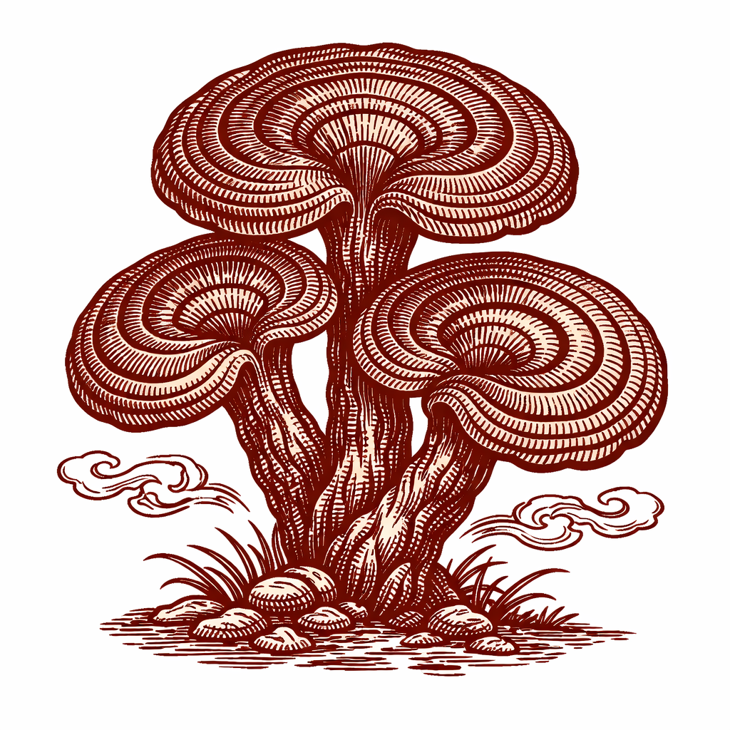 创作一幅复古版画风格的灵芝插画。画面采用单色调红棕色线条绘制,呈现出精致的木刻或雕版印刷质感,背景为纯白色。主体是一株形态饱满的灵芝,包含三朵半圆形的菌盖,表面有清晰的同心环状纹理和细密放射状线条,菌柄粗壮且带有纵向纹理,整体呈现出古朴庄重的中式插画风格,非常适合用于养生和中医药相关的视觉设计