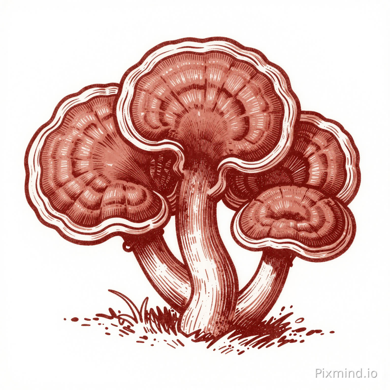 创作一幅复古版画风格的灵芝插画。画面采用单色调红棕色线条绘制,呈现出精致的木刻或雕版印刷质感,背景为纯白色。主体是一株形态饱满的灵芝,包含三朵半圆形的菌盖,表面有清晰的同心环状纹理和细密放射状线条,菌柄粗壮且带有纵向纹理,整体呈现出古朴庄重的中式插画风格,非常适合用于养生和中医药相关的视觉设计