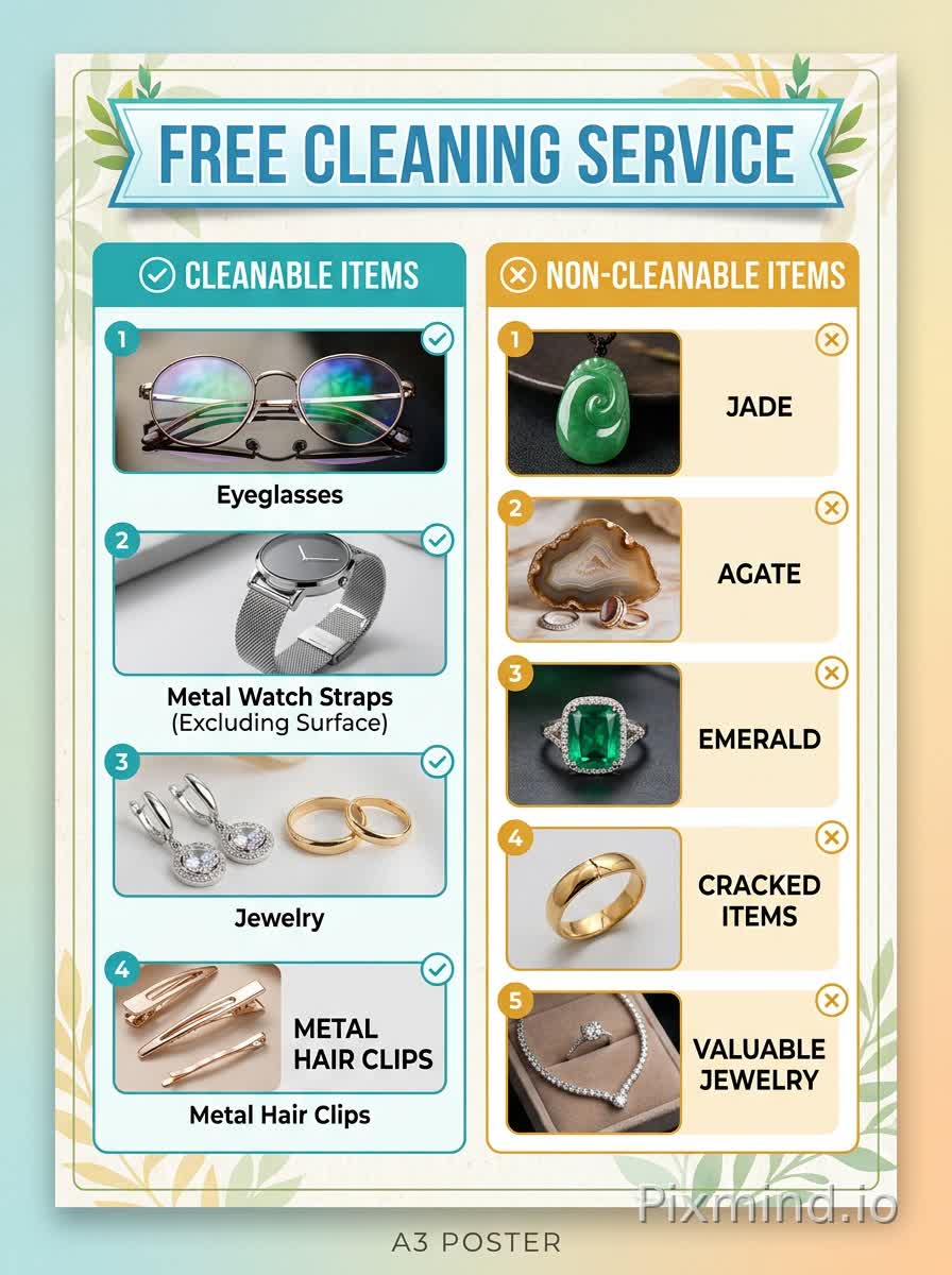 Generate an A3 poster titled "Free Cleaning Service." List cleanable and non-cleanable items using images, divided into two sections: Cleanable items: eyeglasses, metal watch straps (excluding the surface), jewelry, metal hair clips; Non-cleanable items: jade, agate, emerald, cracked items, valuable jewelry. The overall poster should be fresh and warm.