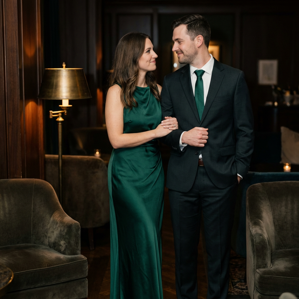 There’s a quiet magnetism between them that feels effortless and deeply connected. Facing each other in elegant evening wear, they look perfectly in sync—like they belong in the same moment, the same story.
Her look is soft yet striking in a sensual gown that matches the tie of her parter, the way the fabric drapes enhancing her natural grace, while his tailored style adds a refined edge that complements her beautifully. Together, they create a balance of strength and elegance as the compliment the look.
Their closeness feels intimate without needing anything exaggerated—just the subtle pull of two people drawn to one another. The way they hold each other’s gaze suggests trust, admiration, and something unspoken but powerful. It’s the kind of connection that feels both romantic and timeless.