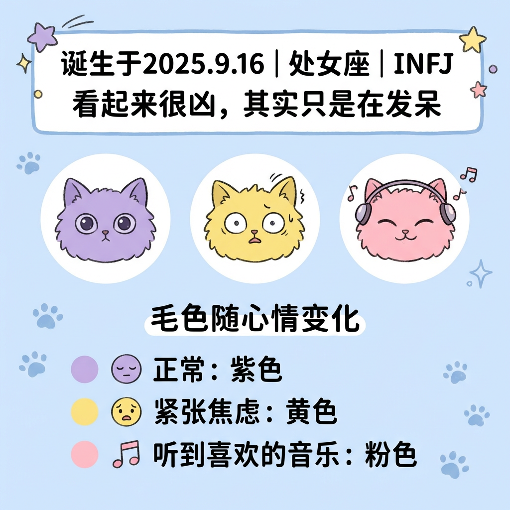 文字: “诞生于2025.9.16
处女座 | INFJ
看起来很凶,其实只是在发呆”
内容:小猫头像(三种毛色并排展示)+
文字:
“毛色随心情变化
正常:紫色
紧张焦虑:黄色
听到喜欢的音乐:粉色”