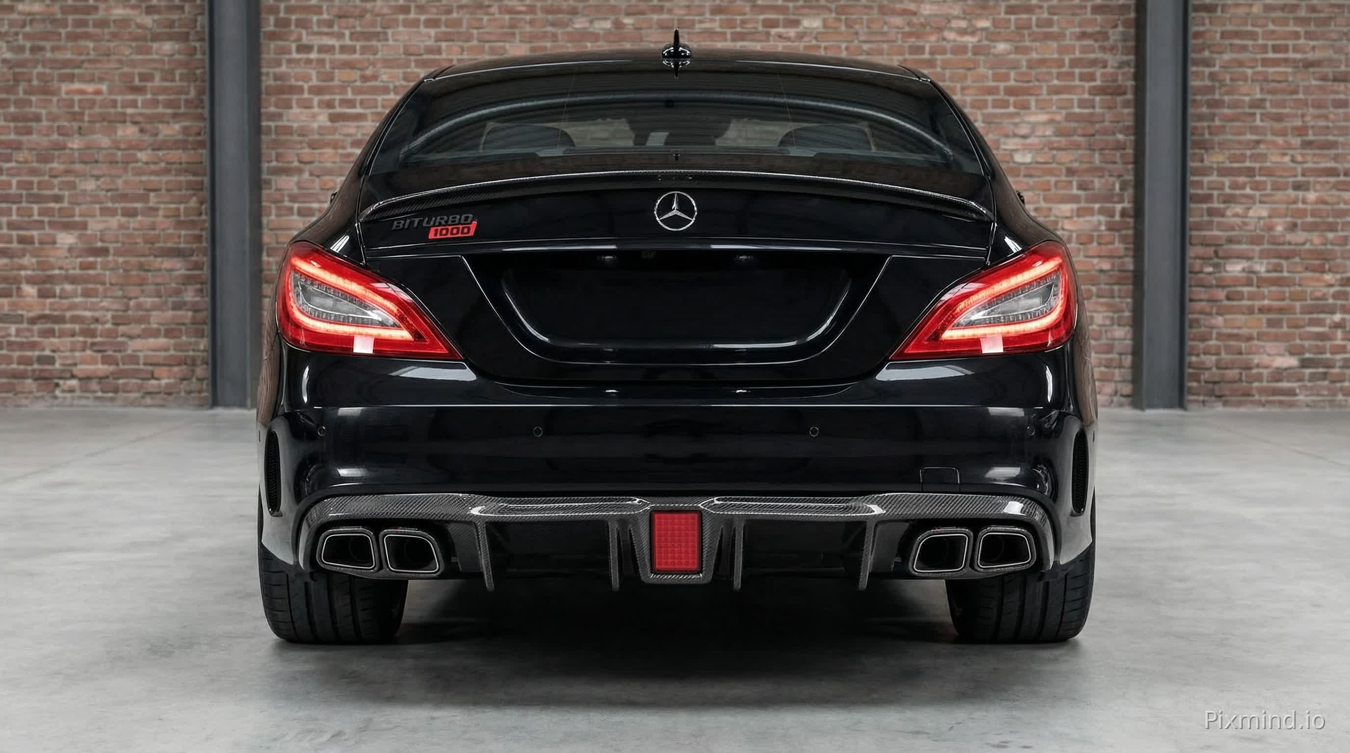generate me an image of a 2014 Mercedes-Benz CLS 63 AMG rear bumper. change the CLS 63 badge for a biturbo 1000 badge, keep the mercedes logo, change the brake lights for more modern ones, include a carbon fiber diffuser, and carbon fiber akrapovic exhausts.