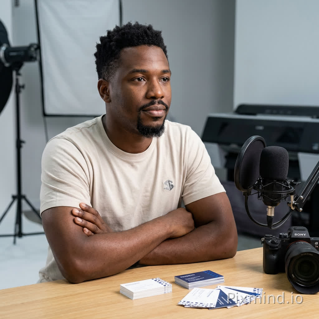 ### **Subject Details**
- A dark-skinned man with short black hair, a neatly trimmed black goatee and mustache, sitting with arms crossed on a wooden table.
- He wears a light beige short-sleeve T-shirt with a small, subtle logo on the left chest (light gray with dark accents).
- His expression is calm, with a neutral gaze directed slightly off-camera, and his posture is relaxed.
### **Tabletop Elements**
- Multiple stacks of business cards: primarily white with blue and dark blue text/patterns (e.g., "Business Card" in bold, smaller text, and a logo/address on each). Some cards are partially spread out, showing front designs.
- To the man’s right: A black professional microphone with a circular pop filter, mounted on a black metal stand.
- Adjacent to the microphone: A black Sony camera (A7 series, identifiable by the "SONY" logo on the top and "A7" model marking), with a clear lens and a compact, modern body.
### **Environmental Setting**
- Blurred background suggesting a photography studio or workspace:
- Left side: A black photography light stand with a rectangular white softbox (angled toward the subject).
- Right side: A large, dark-colored device (likely a printer or scanner) in the distance.
- Neutral, light gray walls, creating a clean, minimalist backdrop.
### **Style & Aesthetic**
- **Realistic, naturalistic rendering** with soft, diffused lighting (mimicking softbox light from the background, creating gentle shadows on the table).
- **Shallow depth of field**: The man and tabletop are in sharp focus, while the studio background is softly blurred to emphasize the subject.
- **Vivid, true-to-life colors**: Beige T-shirt, dark gray/black equipment, light wood table, and the blue/white business cards have distinct, saturated tones.
**Full Prompt (Concise but Detailed):**
"Realistic photo of a dark-skinned man with short black hair, goatee, and mustache, wearing a light beige short-sleeve T-shirt with a small gray logo, sitting with arms crossed on a light wood table. On the table: multiple stacks of white business cards with blue text/patterns, a black Sony A7 camera with a clear lens, and a black microphone with a pop filter on a stand. Background: blurred photography studio with a black light stand and softbox on the left, a dark printer on the right, and light gray walls. Soft, diffused lighting, shallow depth of field, sharp focus on the subject and tabletop, natural colors, clean and professional workspace."
