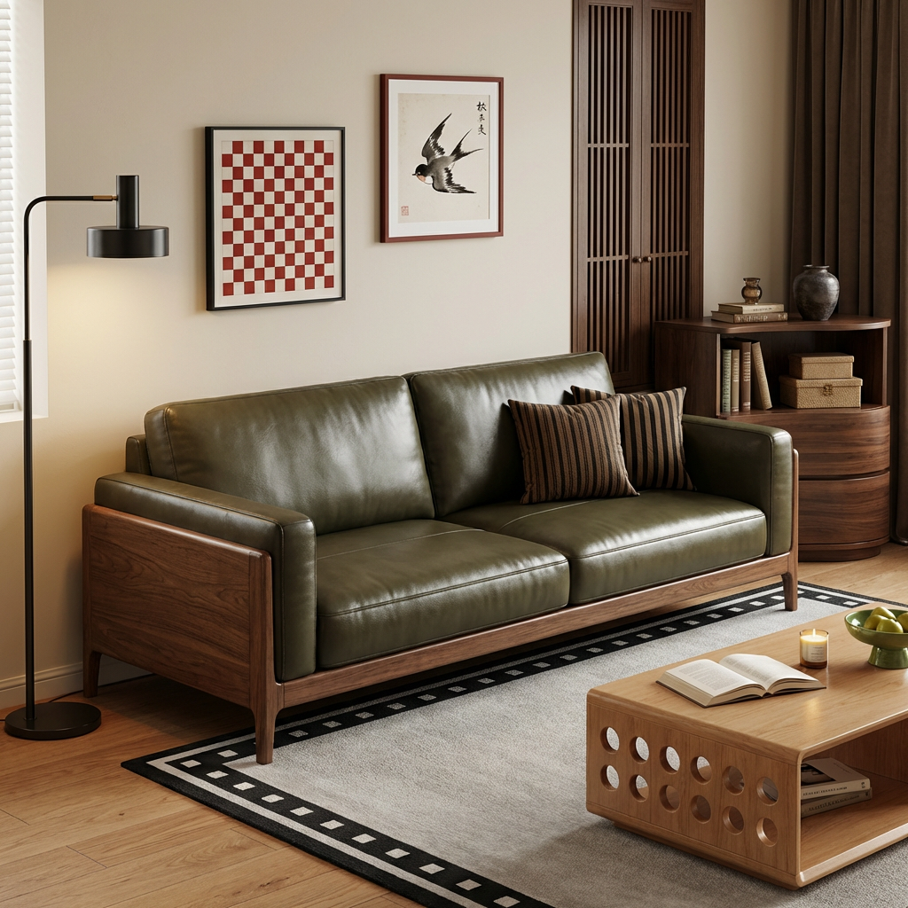 1. Camera Angle
Slightly high-angle 45° oblique view: Shot from the front right of the sofa (slightly lower position) to fully display the front, right side, and part of the top surface. Includes surrounding furniture and walls to create a living room scene with depth, highlighting the subject sofa while demonstrating its adaptability within a realistic home environment.
2. Lighting Atmosphere
Soft warm diffuse lighting: Primarily daytime indoor natural light, supplemented by warm light from a floor lamp on the left. The lighting is even and bright without harsh shadows, delicately rendering the sheen of the leather sofa and the texture of the wooden furniture. The overall atmosphere is warm and soothing, leaning towards a healing home aesthetic.
3. Scene Setting
Mid-century modern (vintage light luxury) partial living room scene: Focused on the living room leisure area. A mature and elegant home environment with no clutter. The core is to showcase the furniture product's integration into a real-life scenario, conveying a "comfortable and quality" lifestyle.
4. Visual Style
Commercial home product photography style: Clean, high-end, and highly textured with a stable and balanced composition. Highlights the material and design of the main furniture while utilizing soft furnishings to create a lived-in atmosphere. Typical e-commerce product display style, fitting the "vintage + light luxury + modern" aesthetic positioning.
5. Background Elements
Walls: Light beige/warm white matte walls, simple and neutral, serving as a soft background.
Decorative Paintings: Two vintage-style decorative paintings; the left is a black-framed red and white checkerboard abstract painting, the right is a red-brown framed ink wash swallow painting, adding an artistic touch.
Lighting: A black cylindrical shade metal arm floor lamp on the left, simple and vintage, supplementing the warm light atmosphere.
Wooden Furniture: On the right, a dark brown curved multi-layered wooden side cabinet displaying books, a dark vase, and storage boxes; behind it, a matching wood tone grille/cabinet door reinforces the vintage wood tone.
Floor and Rug: Light brown solid wood flooring (clear grain), covered with a light grey base + black bordered geometric rug (border features small white square decorations) to define spatial layers.
Foreground Coffee Table: Light wood hollow-design coffee table (side features multiple circular holes), displaying an open book, a small candle, and a green fruit bowl to create lifestyle details.
Soft Furnishings: Brown and black striped throw pillows on the sofa, dark brown curtains on the right echoing the wooden furniture to enhance warmth.
6. Color Palette
Warm vintage color scheme:
Primary Colors: Dark olive green (sofa leather), warm wood tones (floor/furniture/coffee table), light beige (walls).
Accent Colors: Black (lamp/frames/rug border/pillow stripes), red-brown (frames/swallow painting), light grey (rug).
The overall tone is harmonious and steady with no high-saturation colors, conveying the warm texture of vintage light luxury.
7. Key Core Elements
Main Product: The product from the reference image is the subject; do not change the wood grain or the seat cushion texture of the sofa.
Material Contrast: Warm wood grain vs. soft fabric texture to enrich visual layers.
Atmosphere Transmission: Through soft furnishings and scene arrangement, highlight the selling point of the product's "adaptability to various home styles," creating a comfortable and elegant home atmosphere.