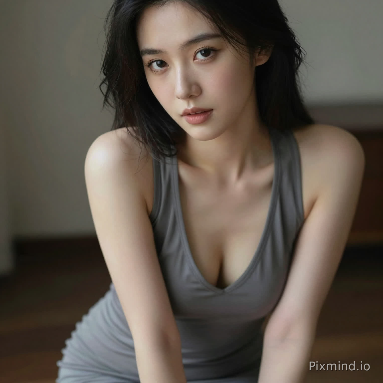 A sensual woman leaning slightly forward, deep neckline dress, subtle cleavage, inviting gaze, soft focus background, intimate framing, realistic skin highlights, moody lighting, editorial sensual photography