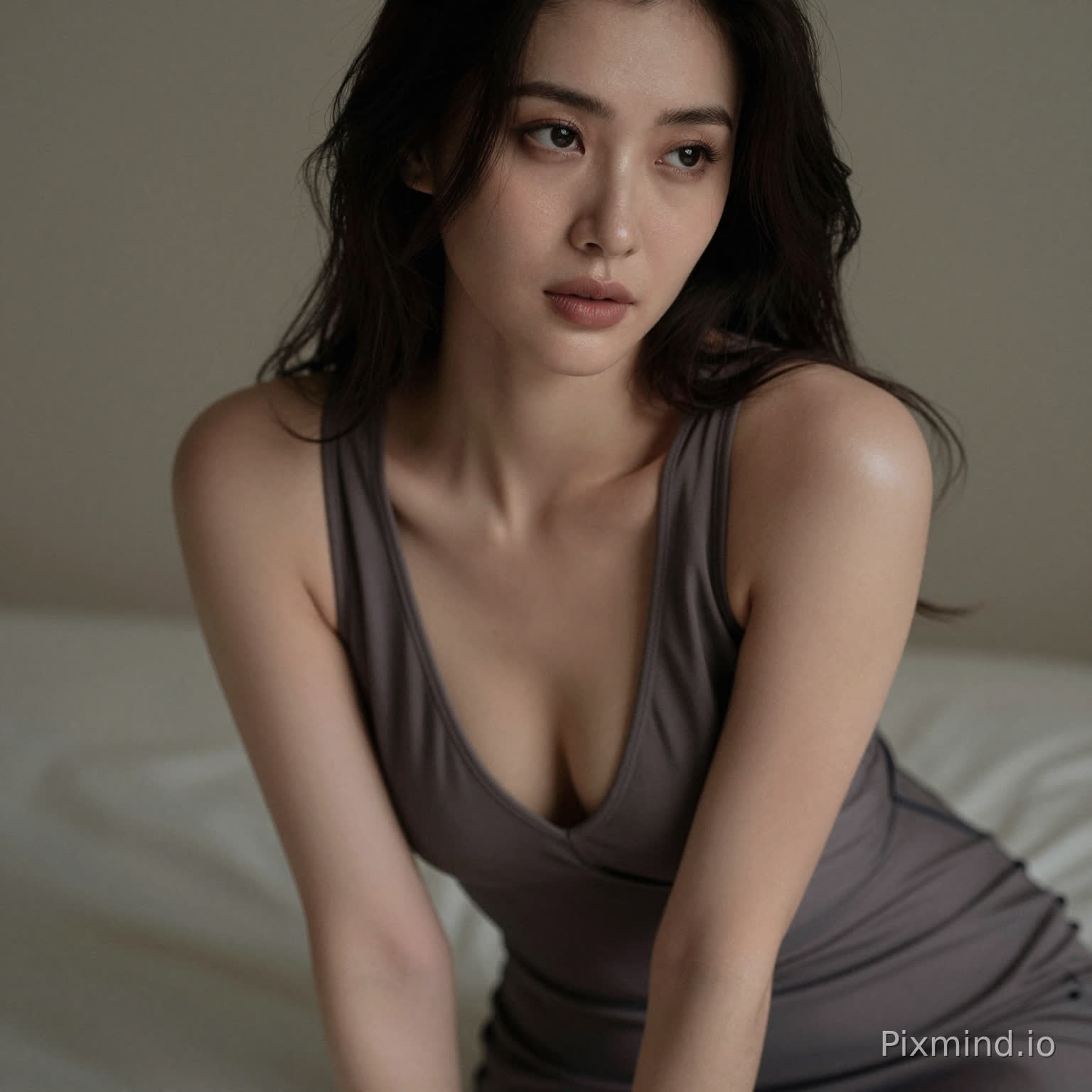 A sensual woman leaning slightly forward, deep neckline dress, subtle cleavage, inviting gaze, soft focus background, intimate framing, realistic skin highlights, moody lighting, editorial sensual photography