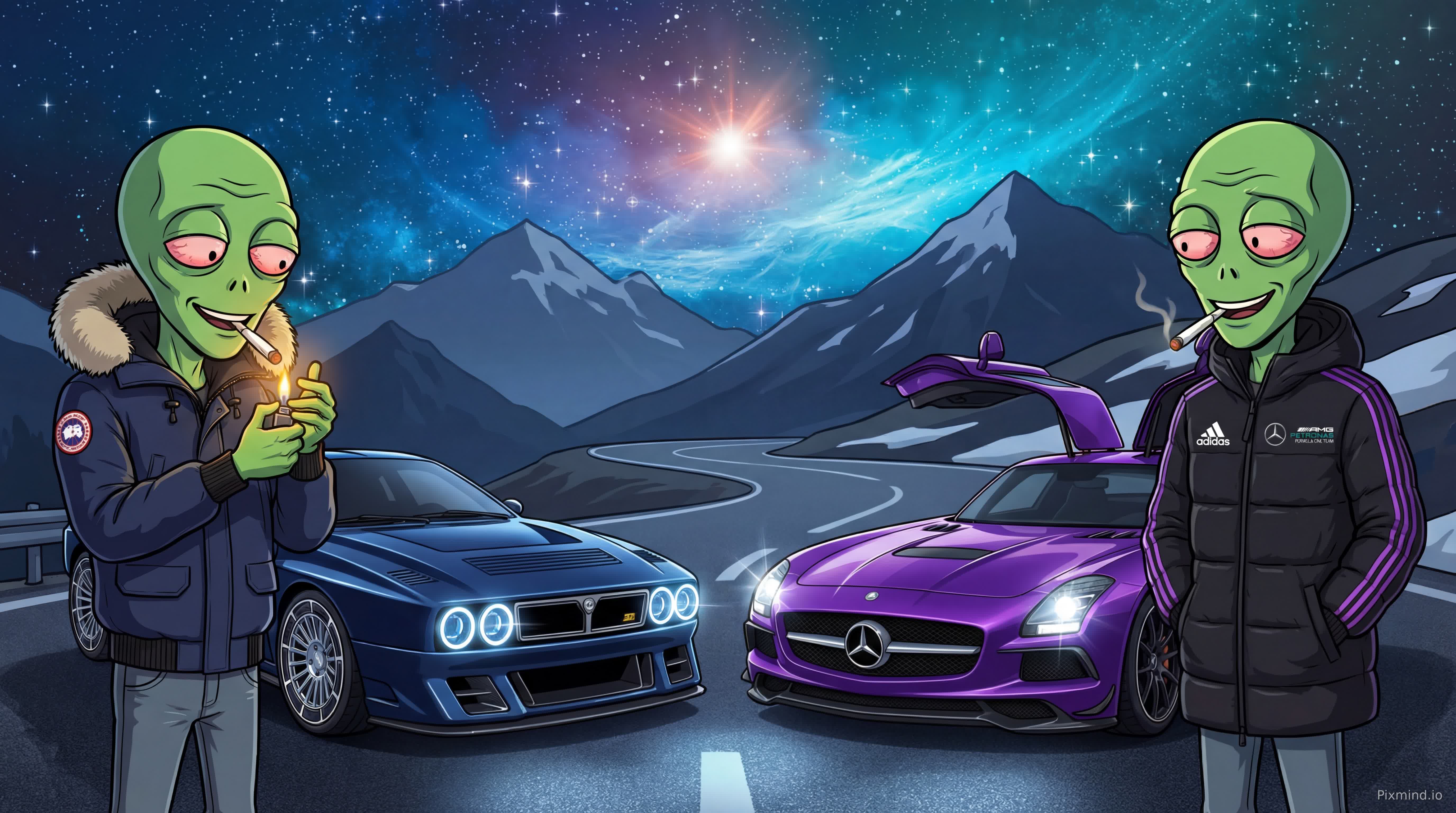 generate me a cartoon image of two green aliens standing next to each other, one is wearing a navy blue canada goose fur collar jacket, the other one is wearing a black with purple stripes adidas mercedes puffer coat, both of them are wearing grey jeans, also both of them have a hand rolled white cigarette in their mouth, one of them is lighting his with a lighter, they are located at a mountain road during night with a view of mountain tops and the sky is filled with stars and space, infront of them is a navy Kimera EVO38 and a purple Mercedes-Benz SLS AMG Black Series with the doors open, both cars are shining, the chrome is shining more, and the stars reflect faintly on the cars paint only, make the cars stand out most in the picture, the eyes of the aliens are bloodshot and hanging low, and they have a smile on their face while both looking in the direction of the cars, make the picture be dramatic.