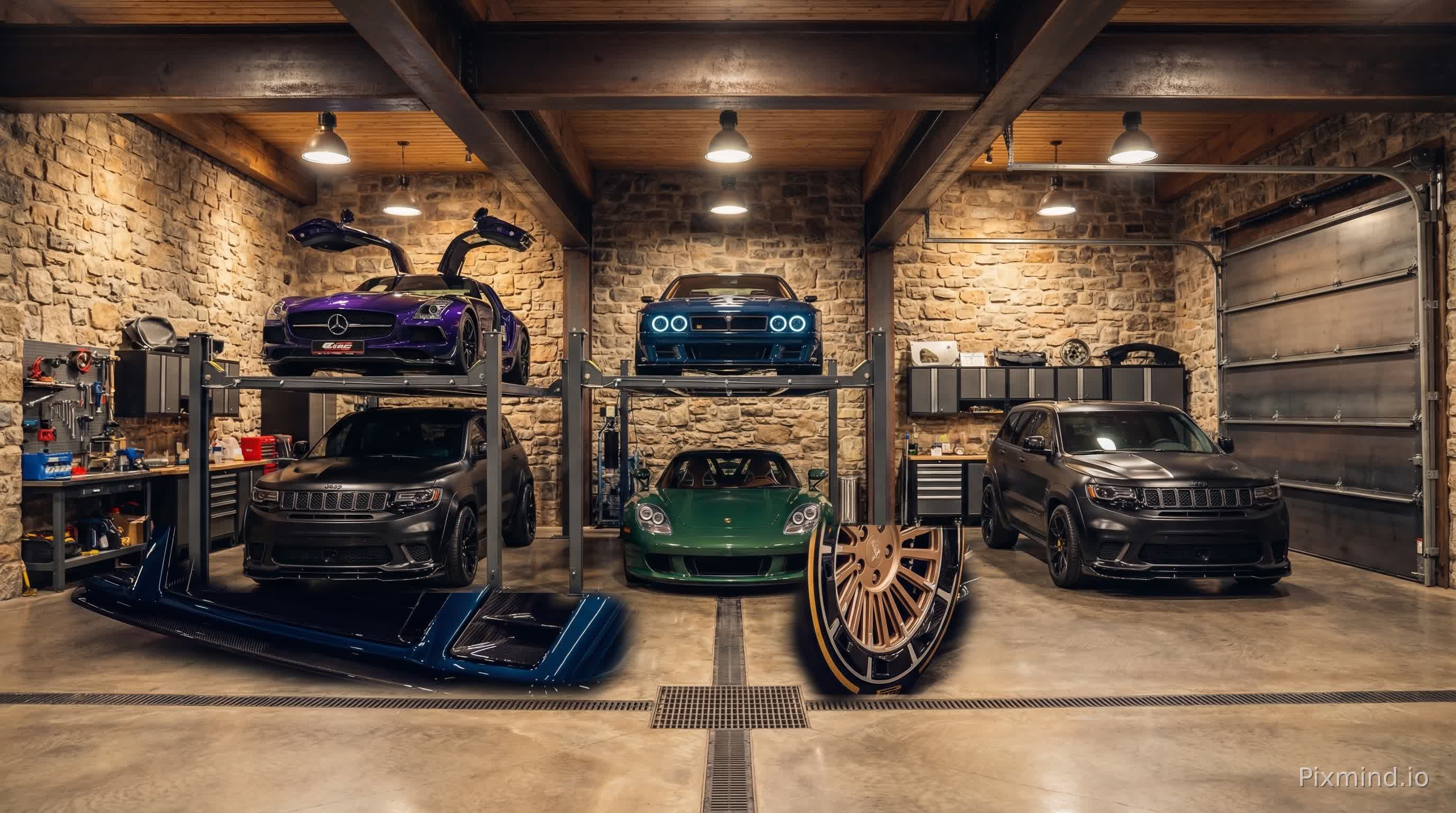 generate me an image of a chateau style room with stone walls and steel supports a concrete floor with drainage and a steel garage door, inside the room is a collection of 5 cars with 4 cars on a car lift and one near the garage door, the first car and the one near the door is a matte black Jeep trackhawk, the second car is a purple mercedes-Benz SLS Black series, the third car is a racing green porsche carrera gt, the fourth car is a navy blue Kimera Evo38, the fifth car is a white Maserati MC20 Mansory