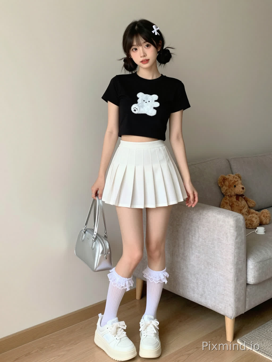 一个年轻的亚洲女性模特站在温馨的室内环境中,微微倚靠在一面浅灰色哑光墙上,柔和的自然暖光照亮了整个场景。她留着黑色短发,梳成双丸子头,头顶别着一个白色蝴蝶结发夹。她的脸上有着明亮而富有表现力的眼睛,自然的嘴唇,以及一种可爱又略带俏皮的表情。她身着黑色短款露脐T恤,胸前有白色可爱卡通图案(类似毛绒动物或角色),搭配高腰白色百褶迷你裙,裙摆垂至大腿中部。脚上穿着白色过膝袜,带有精致的白色蕾丝花边,以及白色厚底运动鞋,鞋侧有白色鞋带和小巧的蝴蝶结装饰。左手提着一个银色金属手提包,包上挂着一个白色毛绒绒的绒球吊坠,右手则自然垂在身侧。背景中可见一张浅灰色布艺沙发,上面放着一只棕色毛绒泰迪熊和一个白色小物件(可能是杯子或装饰品)。地板为浅木色,整体场景呈现出甜美、清爽、休闲的美学风格,高分辨率、超详细渲染与精细纹理凸显了模特纤细的身姿和温馨的室内环境。