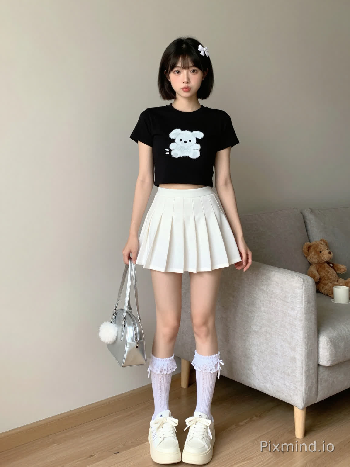 一个年轻的亚洲女性模特站在温馨的室内环境中,微微倚靠在一面浅灰色哑光墙上,柔和的自然暖光照亮了整个场景。她留着黑色短发,梳成双丸子头,头顶别着一个白色蝴蝶结发夹。她的脸上有着明亮而富有表现力的眼睛,自然的嘴唇,以及一种可爱又略带俏皮的表情。她身着黑色短款露脐T恤,胸前有白色可爱卡通图案(类似毛绒动物或角色),搭配高腰白色百褶迷你裙,裙摆垂至大腿中部。脚上穿着白色过膝袜,带有精致的白色蕾丝花边,以及白色厚底运动鞋,鞋侧有白色鞋带和小巧的蝴蝶结装饰。左手提着一个银色金属手提包,包上挂着一个白色毛绒绒的绒球吊坠,右手则自然垂在身侧。背景中可见一张浅灰色布艺沙发,上面放着一只棕色毛绒泰迪熊和一个白色小物件(可能是杯子或装饰品)。地板为浅木色,整体场景呈现出甜美、清爽、休闲的美学风格,高分辨率、超详细渲染与精细纹理凸显了模特纤细的身姿和温馨的室内环境。