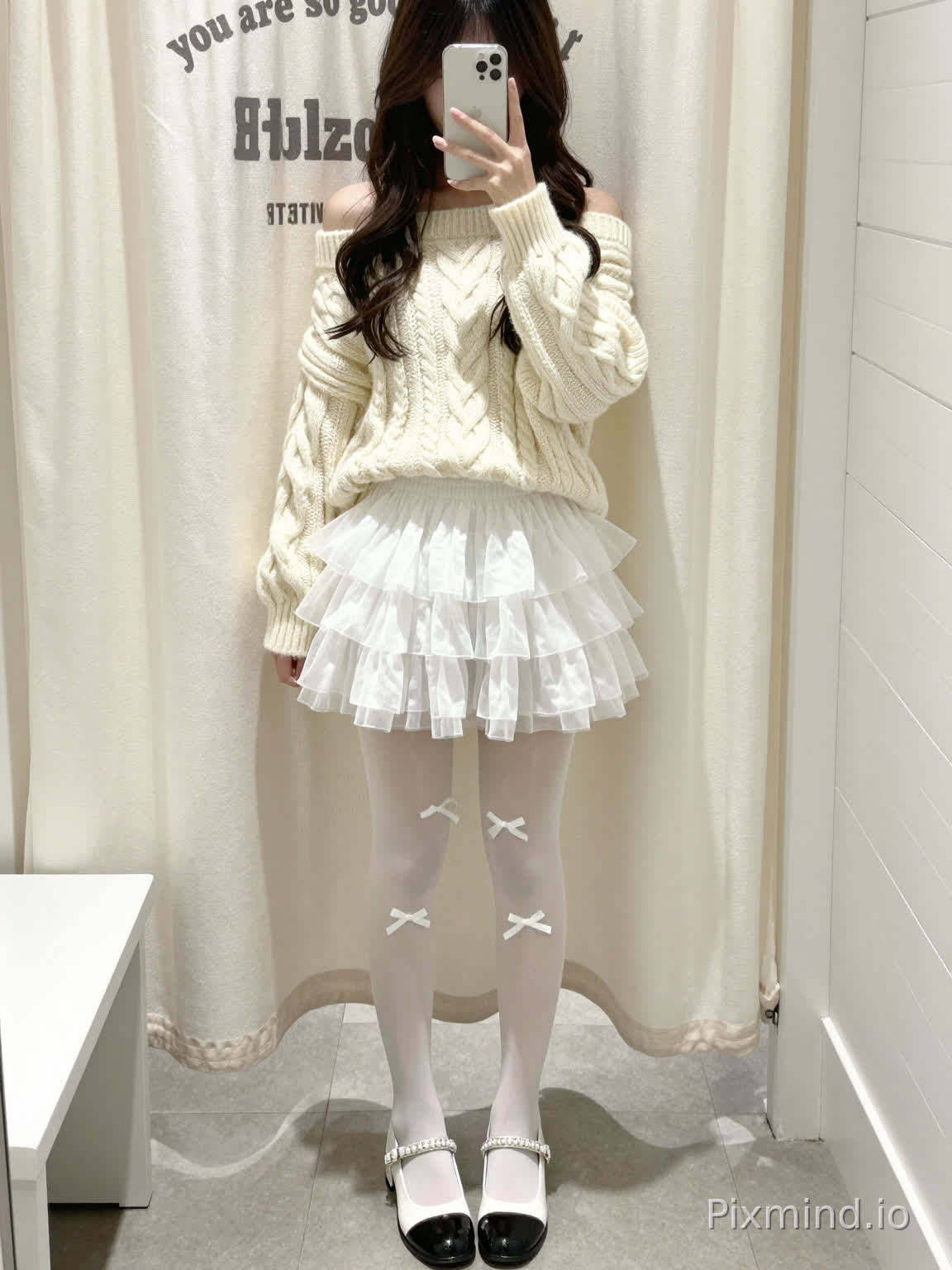 A full-body mirror selfie of a young woman, standing in a bright fitting room. She has long wavy dark brown hair cascading over her shoulders, with soft volume and natural texture. She holds a silver smartphone in her right hand, covering the upper half of her face, and the phone has a sleek, modern design with visible camera modules on the back.
She wears an off-shoulder cream-colored cable-knit sweater: the knit features a classic twisted cable pattern, with wide, slightly puffy sleeves that end at the wrists, and a fitted silhouette at the bust. The off-shoulder neckline exposes her collarbones and shoulders, adding a sweet, elegant touch.
Her lower body is a white ruffled tiered mini skirt: the skirt has 3-4 layers of light, frilly tulle, creating a voluminous, cake-like silhouette that falls just above the upper thigh, with soft, fluttering edges.
On her legs, she wears sheer white tights adorned with small white bow decorations, tied at the knees and ankles, adding a cute, playful detail. Her feet are in black and white block-heel pumps: the pumps have a round, glossy black toe, a low block heel, and a white, pearl-embellished strap across the instep, balancing the sweet outfit with a touch of sophistication.
The background shows a white, semi-transparent curtain with gray printed text: "you are so good" in a cursive font at the top, "BFulzzo" in a bold, modern font below, and "FITTING ROOM" in a clean, uppercase font at the bottom, with a subtle gray underline. The floor is covered with light gray square tiles, and a small white bench is visible in the bottom-left corner.
Lighting is soft and diffused, casting a warm, natural glow that highlights the textures of the knit sweater, tulle skirt, and sheer tights, with gentle shadows on the floor and curtain. The overall style is sweet, minimalist, and elegant, with high attention to detail in the outfit and setting.