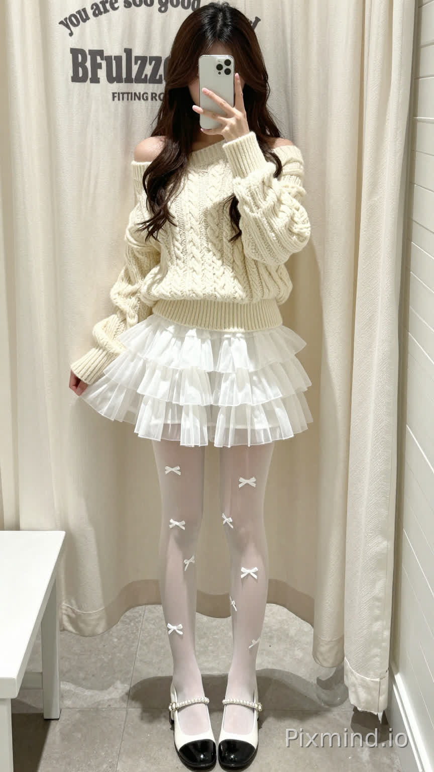A full-body mirror selfie of a young woman, standing in a bright fitting room. She has long wavy dark brown hair cascading over her shoulders, with soft volume and natural texture. She holds a silver smartphone in her right hand, covering the upper half of her face, and the phone has a sleek, modern design with visible camera modules on the back.
She wears an off-shoulder cream-colored cable-knit sweater: the knit features a classic twisted cable pattern, with wide, slightly puffy sleeves that end at the wrists, and a fitted silhouette at the bust. The off-shoulder neckline exposes her collarbones and shoulders, adding a sweet, elegant touch.
Her lower body is a white ruffled tiered mini skirt: the skirt has 3-4 layers of light, frilly tulle, creating a voluminous, cake-like silhouette that falls just above the upper thigh, with soft, fluttering edges.
On her legs, she wears sheer white tights adorned with small white bow decorations, tied at the knees and ankles, adding a cute, playful detail. Her feet are in black and white block-heel pumps: the pumps have a round, glossy black toe, a low block heel, and a white, pearl-embellished strap across the instep, balancing the sweet outfit with a touch of sophistication.
The background shows a white, semi-transparent curtain with gray printed text: "you are so good" in a cursive font at the top, "BFulzzo" in a bold, modern font below, and "FITTING ROOM" in a clean, uppercase font at the bottom, with a subtle gray underline. The floor is covered with light gray square tiles, and a small white bench is visible in the bottom-left corner.
Lighting is soft and diffused, casting a warm, natural glow that highlights the textures of the knit sweater, tulle skirt, and sheer tights, with gentle shadows on the floor and curtain. The overall style is sweet, minimalist, and elegant, with high attention to detail in the outfit and setting.