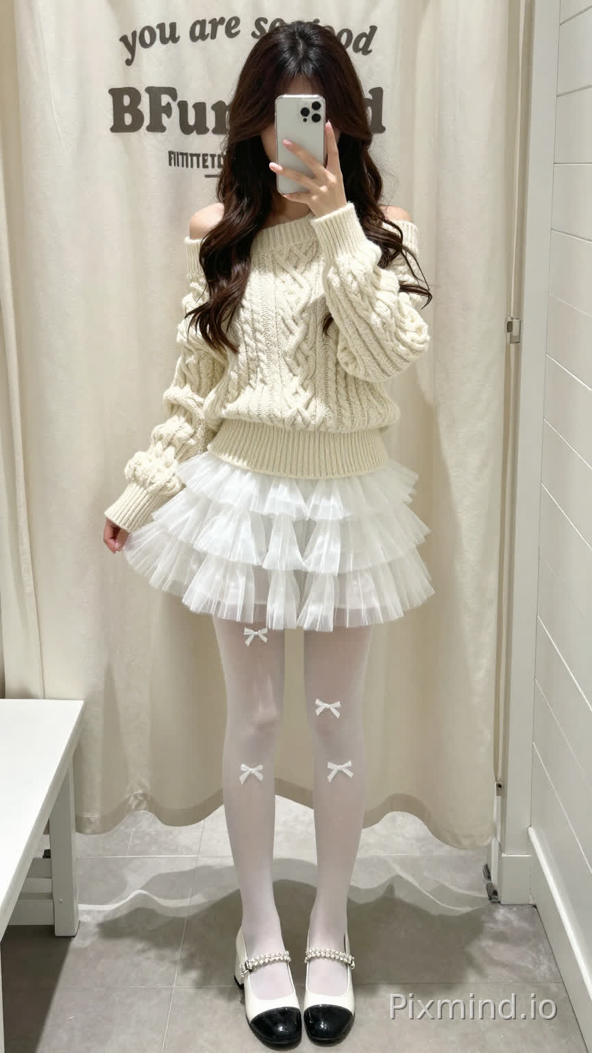 A full-body mirror selfie of a young woman, standing in a bright fitting room. She has long wavy dark brown hair cascading over her shoulders, with soft volume and natural texture. She holds a silver smartphone in her right hand, covering the upper half of her face, and the phone has a sleek, modern design with visible camera modules on the back.
She wears an off-shoulder cream-colored cable-knit sweater: the knit features a classic twisted cable pattern, with wide, slightly puffy sleeves that end at the wrists, and a fitted silhouette at the bust. The off-shoulder neckline exposes her collarbones and shoulders, adding a sweet, elegant touch.
Her lower body is a white ruffled tiered mini skirt: the skirt has 3-4 layers of light, frilly tulle, creating a voluminous, cake-like silhouette that falls just above the upper thigh, with soft, fluttering edges.
On her legs, she wears sheer white tights adorned with small white bow decorations, tied at the knees and ankles, adding a cute, playful detail. Her feet are in black and white block-heel pumps: the pumps have a round, glossy black toe, a low block heel, and a white, pearl-embellished strap across the instep, balancing the sweet outfit with a touch of sophistication.
The background shows a white, semi-transparent curtain with gray printed text: "you are so good" in a cursive font at the top, "BFulzzo" in a bold, modern font below, and "FITTING ROOM" in a clean, uppercase font at the bottom, with a subtle gray underline. The floor is covered with light gray square tiles, and a small white bench is visible in the bottom-left corner.
Lighting is soft and diffused, casting a warm, natural glow that highlights the textures of the knit sweater, tulle skirt, and sheer tights, with gentle shadows on the floor and curtain. The overall style is sweet, minimalist, and elegant, with high attention to detail in the outfit and setting.