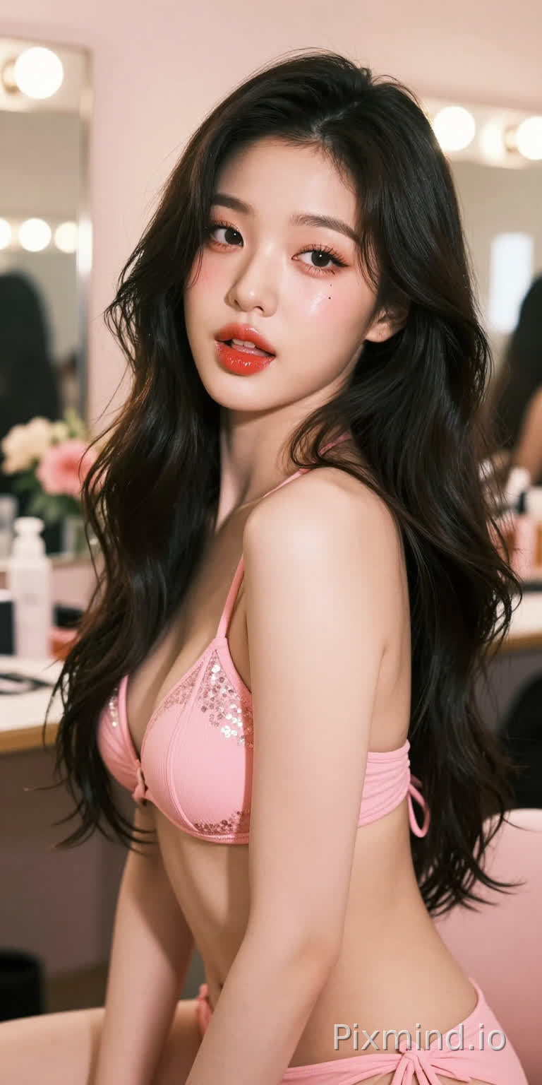 极具写实感的人像摄影,主角是韩国人气偶像张元英的绝美K-pop偶像少女。她拥有精致如瓷娃娃般的面部特征,标志性的水润丰盈嘟嘟唇,涂着晶莹剔透的草莓红唇釉,画着精致的卧蚕和根根分明的睫毛,
媚眼如丝,勾人眼神,张开嘴巴,
左眼下方有一颗标志性的泪痣。她留着一头乌黑亮丽的波浪长卷发,发丝随风轻微飘动。
她身着一件粉色比基尼泳装。
背景是一个梦幻般的豪华化妆间或后台走廊,柔和的暖色调灯光,背景中有模糊的化妆镜和鲜花装饰,大光圈镜头带来的奶油般焦外虚化(Bokeh)效果极佳。
光影方面采用专业的演播室布光,柔和的主光照亮面部,侧逆光勾勒出身体轮廓和发丝的金边,皮肤呈现出通透的奶油肌质感。色彩风格清新明亮,带有韩系时尚杂志的胶片滤镜感,高饱和度但色调柔和。8k超高清分辨率,RAW格式直出,极致的细节描绘,从发丝的纹理到衣物的亮片反光都清晰可见,大师级构图,电影级质感,视觉冲击力强。