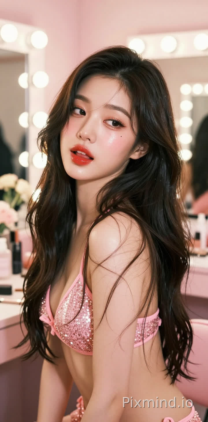 极具写实感的人像摄影,主角是韩国人气偶像张元英的绝美K-pop偶像少女。她拥有精致如瓷娃娃般的面部特征,标志性的水润丰盈嘟嘟唇,涂着晶莹剔透的草莓红唇釉,画着精致的卧蚕和根根分明的睫毛,
情绪慵懒魅惑,眼神慵懒,媚眼如丝,目光迷离,勾人眼神,张开嘴巴,
左眼下方有一颗标志性的泪痣。她留着一头乌黑亮丽的波浪长卷发,发丝随风轻微飘动。
她身着一件粉色比基尼泳装。
背景是一个梦幻般的豪华化妆间或后台走廊,柔和的暖色调灯光,背景中有模糊的化妆镜和鲜花装饰,大光圈镜头带来的奶油般焦外虚化(Bokeh)效果极佳。
光影方面采用专业的演播室布光,柔和的主光照亮面部,侧逆光勾勒出身体轮廓和发丝的金边,皮肤呈现出通透的奶油肌质感。色彩风格清新明亮,带有韩系时尚杂志的胶片滤镜感,高饱和度但色调柔和。8k超高清分辨率,RAW格式直出,极致的细节描绘,从发丝的纹理到衣物的亮片反光都清晰可见,大师级构图,电影级质感,视觉冲击力强。