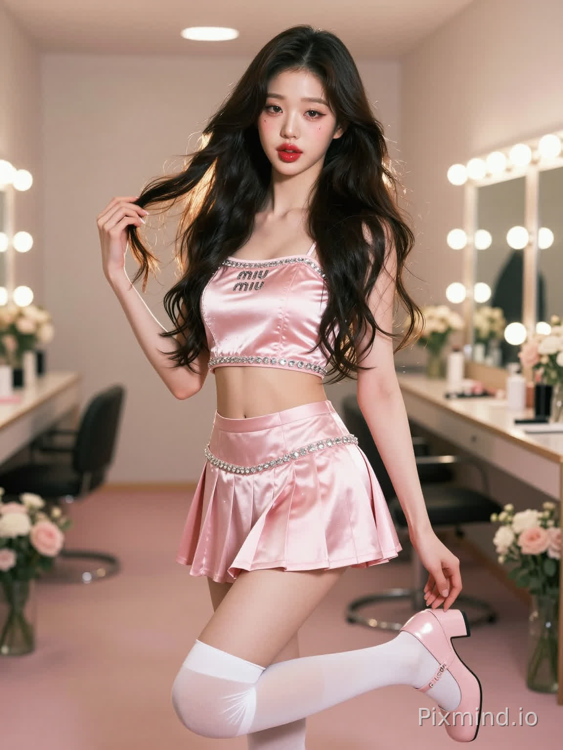 极具写实感的全身人像摄影,主角是一位酷似张元英的绝美K-pop偶像少女。她拥有精致如瓷娃娃般的面部特征,标志性的水润丰盈嘟嘟唇,涂着晶莹剔透的草莓红唇釉,灵动的大眼睛画着精致的卧蚕和根根分明的睫毛,左眼下方有一颗标志性的泪痣。她留着一头乌黑亮丽的波浪长卷发,发丝随风轻微飘动。
她身穿一套高级定制的Miu Miu风格少女感服饰,包括镶满水钻的淡粉色丝绸露脐上衣和配套的低腰迷你百褶裙,搭配白色长筒袜和玛丽珍高跟鞋,完美展现出她极其修长笔直的美腿和九头身模特比例,站姿优雅自信,一手轻抚发梢,一手自然下垂,散发着甜美与奢华并存的“千金大小姐”气质。
背景是一个梦幻般的豪华化妆间或后台走廊,柔和的暖色调灯光,背景中有模糊的化妆镜和鲜花装饰,大光圈镜头带来的奶油般焦外虚化(Bokeh)效果极佳。
光影方面采用专业的演播室布光,柔和的主光照亮面部,侧逆光勾勒出身体轮廓和发丝的金边,皮肤呈现出通透的奶油肌质感。色彩风格清新明亮,带有韩系时尚杂志的胶片滤镜感,高饱和度但色调柔和。8k超高清分辨率,RAW格式直出,极致的细节描绘,从发丝的纹理到衣物的亮片反光都清晰可见,大师级构图,电影级质感,视觉冲击力强。