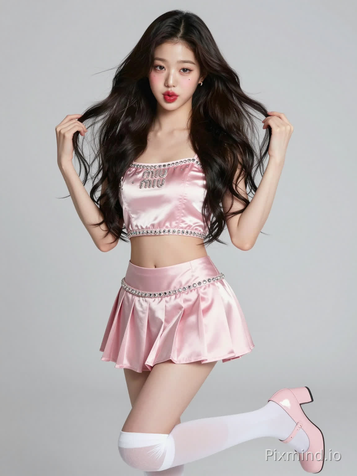 极具写实感的人像摄影,主角是一位酷似张元英的绝美K-pop偶像少女。她拥有精致如瓷娃娃般的面部特征,标志性的水润丰盈嘟嘟唇,涂着晶莹剔透的草莓红唇釉,灵动的大眼睛画着精致的卧蚕和根根分明的睫毛,左眼下方有一颗标志性的泪痣。她留着一头乌黑亮丽的波浪长卷发,发丝随风轻微飘动。
她身穿一套高级定制的Miu Miu风格少女感服饰,包括镶满水钻的淡粉色丝绸露脐上衣和配套的低腰迷你百褶裙,搭配白色长筒袜和玛丽珍高跟鞋,完美展现出她极其修长笔直的美腿和九头身模特比例,站姿优雅自信,一手轻抚发梢,一手自然下垂,散发着甜美与奢华并存的“千金大小姐”气质。