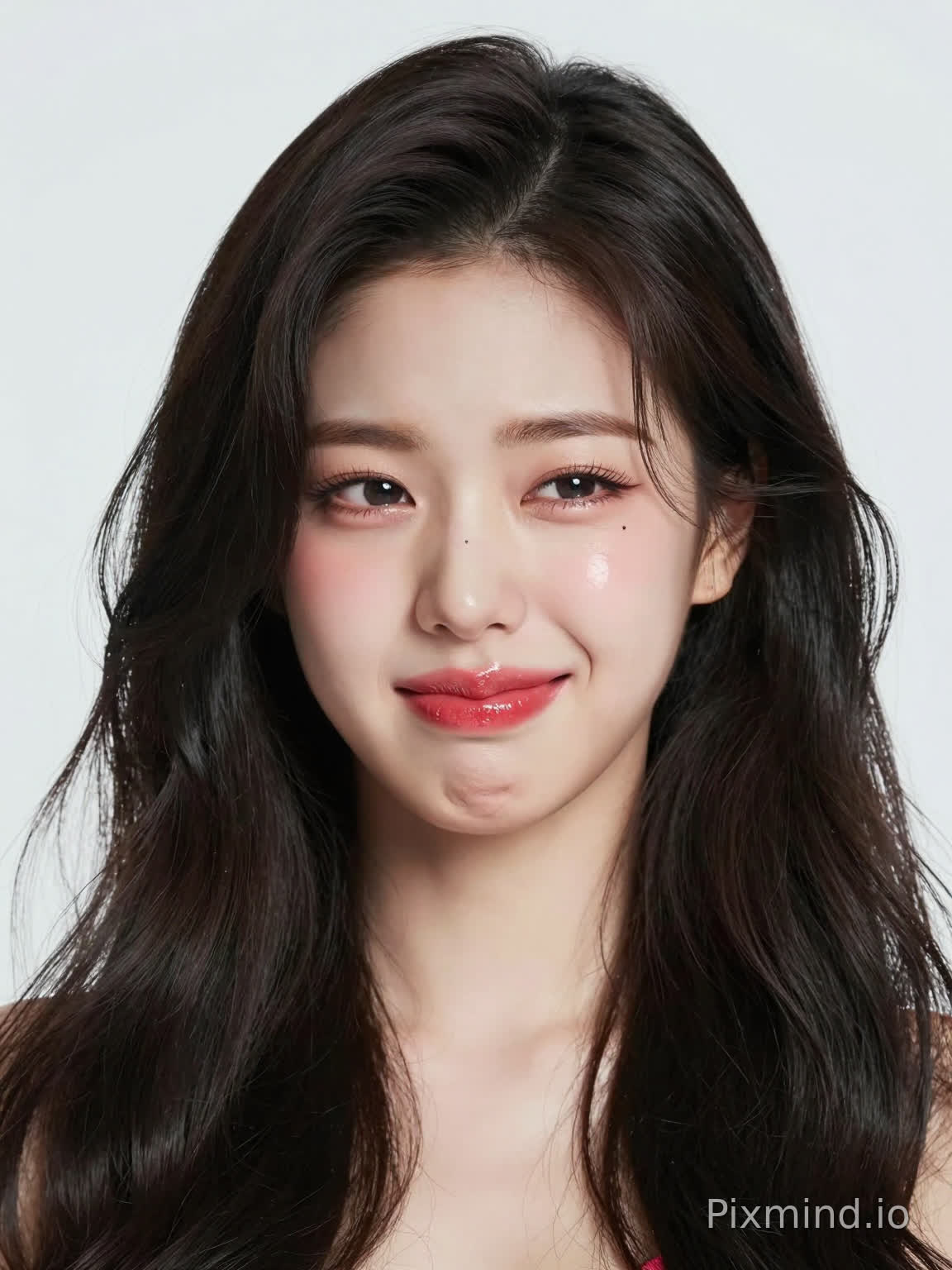 极具写实感的人像摄影,主角是一位酷似张元英的绝美K-pop偶像少女。她拥有精致如瓷娃娃般的面部特征,标志性的水润丰盈嘟嘟唇,涂着晶莹剔透的草莓红唇釉,嘴角微扬,强颜欢笑,灵动的大眼睛画着精致的卧蚕和根根分明的睫毛,表情难受,左眼下方有一颗标志性的泪痣。她留着一头乌黑亮丽的波浪长卷发,发丝随风轻微飘动。