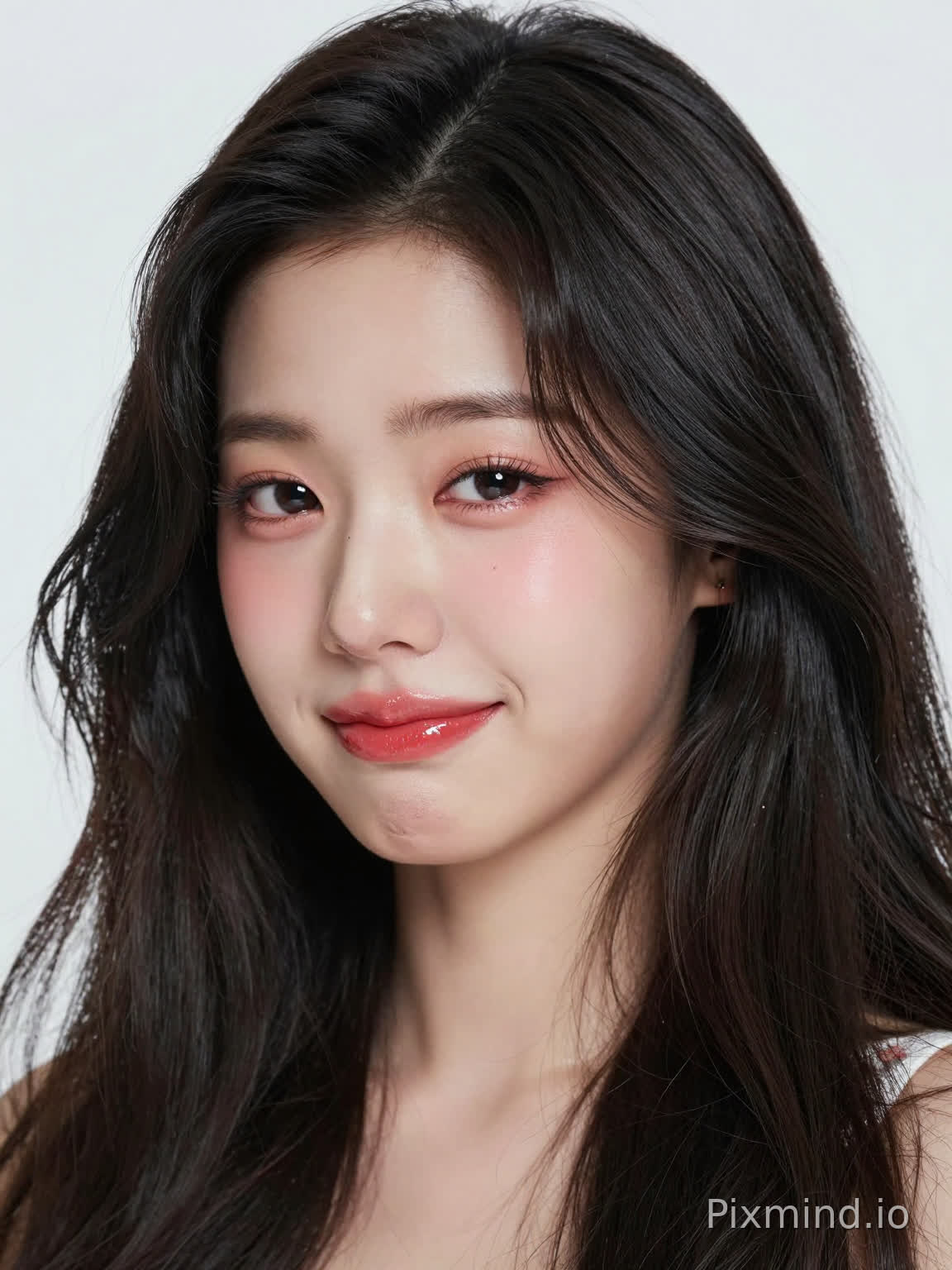 极具写实感的人像摄影,主角是一位酷似张元英的绝美K-pop偶像少女。她拥有精致如瓷娃娃般的面部特征,标志性的水润丰盈嘟嘟唇,涂着晶莹剔透的草莓红唇釉,灵动的大眼睛画着精致的卧蚕和根根分明的睫毛,温柔微笑,虚弱难受,眼中充满悲伤与落寞,左眼下方有一颗标志性的泪痣。她留着一头乌黑亮丽的波浪长卷发,发丝随风轻微飘动。