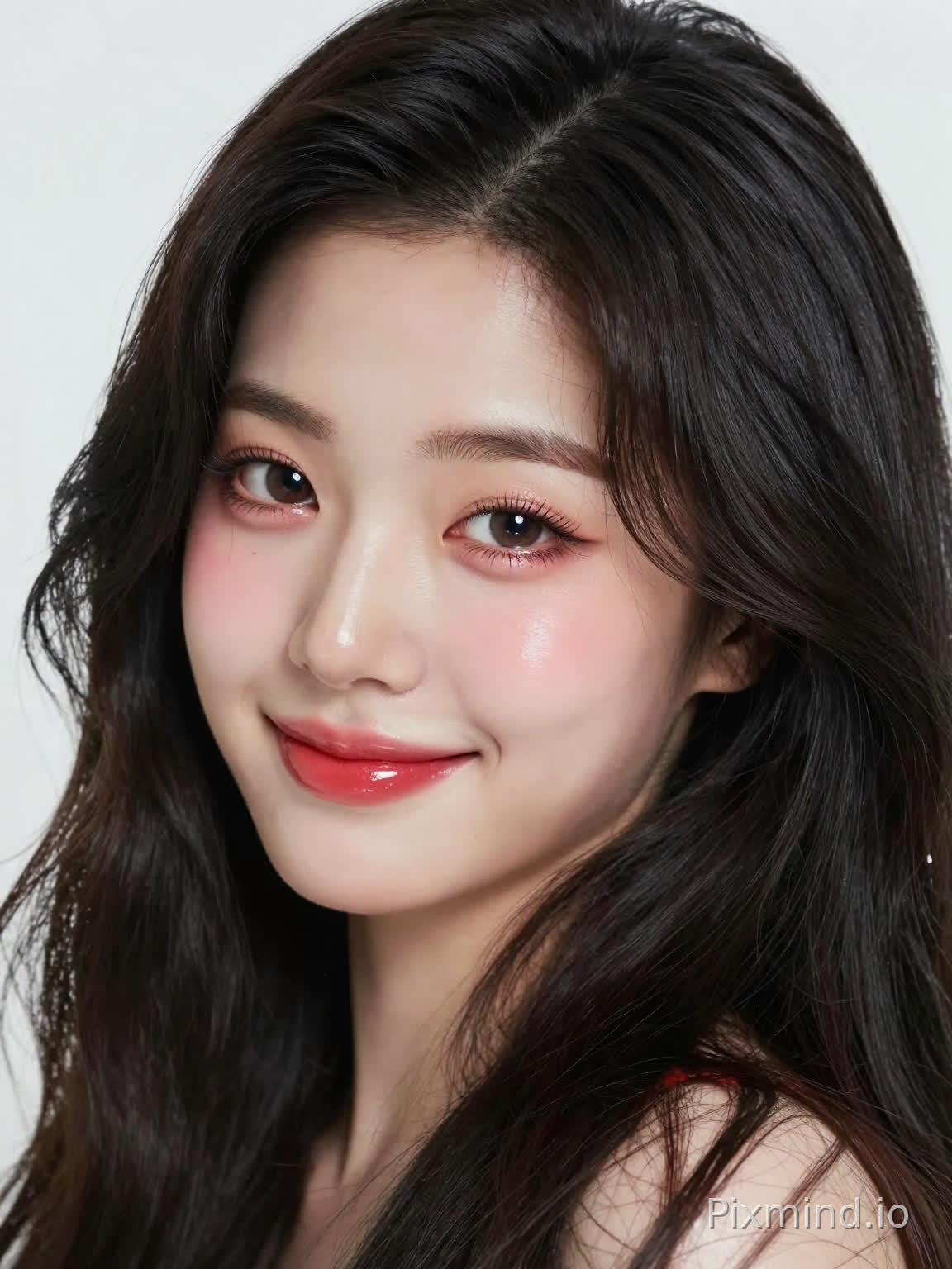 极具写实感的人像摄影,主角是一位酷似张元英的绝美K-pop偶像少女。她拥有精致如瓷娃娃般的面部特征,标志性的水润丰盈嘟嘟唇,涂着晶莹剔透的草莓红唇釉,灵动的大眼睛画着精致的卧蚕和根根分明的睫毛,温柔微笑,虚弱难受,左眼下方有一颗标志性的泪痣。她留着一头乌黑亮丽的波浪长卷发,发丝随风轻微飘动。