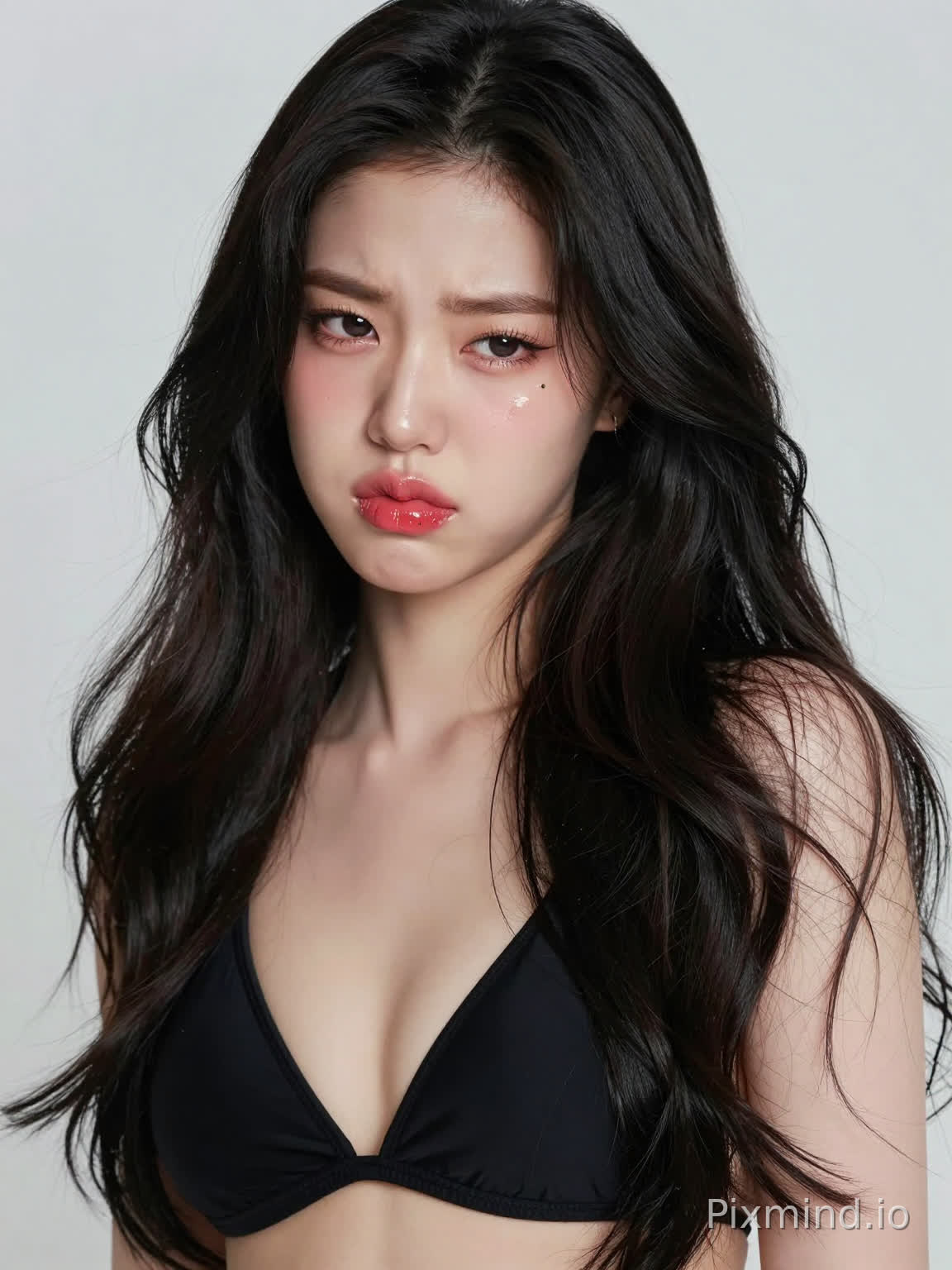 极具写实感的人像摄影,主角是韩国人气偶像张元英的绝美K-pop偶像少女。她拥有精致如瓷娃娃般的面部特征,标志性的水润丰盈嘟嘟唇,涂着晶莹剔透的草莓红唇釉,灵动的大眼睛画着精致的卧蚕和根根分明的睫毛,微微蹙眉,疼痛难忍(轻度),左眼下方有一颗标志性的泪痣。她留着一头乌黑亮丽的波浪长卷发,发丝随风轻微飘动。
她身着一件黑色比基尼泳装。