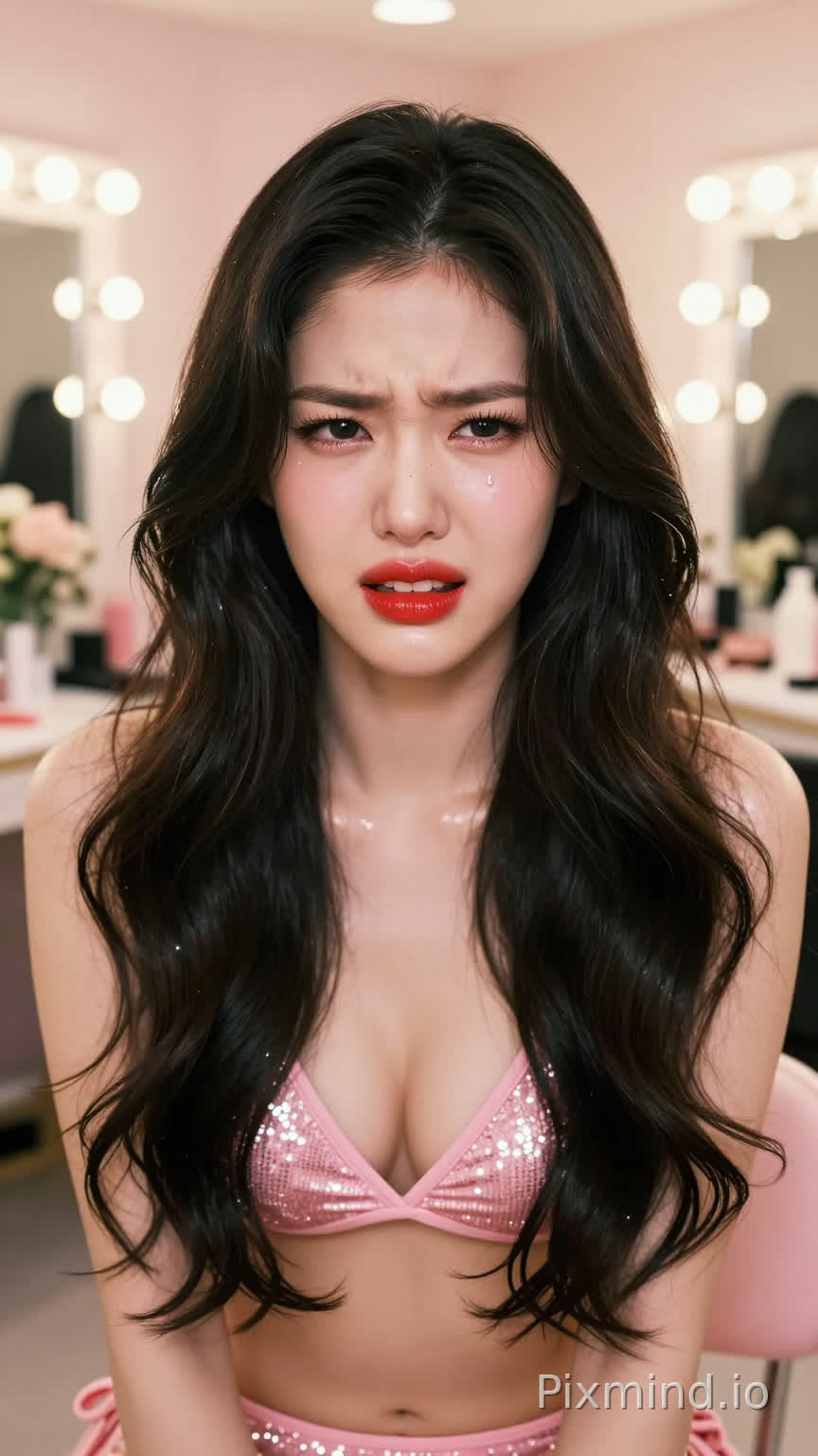 一张令人惊叹的超写人像摄影,主角是韩国人气偶像张元英。她拥有标志性的洋娃娃般精致面容,皮肤如陶瓷般白皙无瑕,呈现出完美的水光肌质感(Glass Skin)。她那饱满莹润的樱桃红唇微微轻启,灵动的大眼睛画着精致的卧蚕和根根分明的睫毛,眉头紧锁,面露痛苦,表情难受,嘴巴张开,眼下标志性的泪痣清晰可见。一头乌黑浓密的波浪长卷发如瀑布般披散在肩头,每一根发丝都闪烁着健康的光泽。她身着一件粉色比基尼泳装。
背景是一个梦幻般的豪华化妆间或后台走廊,柔和的暖色调灯光,背景中有模糊的化妆镜和鲜花装饰,大光圈镜头带来的奶油般焦外虚化(Bokeh)效果极佳。
光影方面采用专业的演播室布光,柔和的主光照亮面部,侧逆光勾勒出身体轮廓和发丝的金边,皮肤呈现出通透的奶油肌质感。色彩风格清新明亮,带有韩系时尚杂志的胶片滤镜感,高饱和度但色调柔和。8k超高清分辨率,RAW格式直出,极致的细节描绘,从发丝的纹理到衣物的亮片反光都清晰可见,大师级构图,电影级质感,视觉冲击力强。