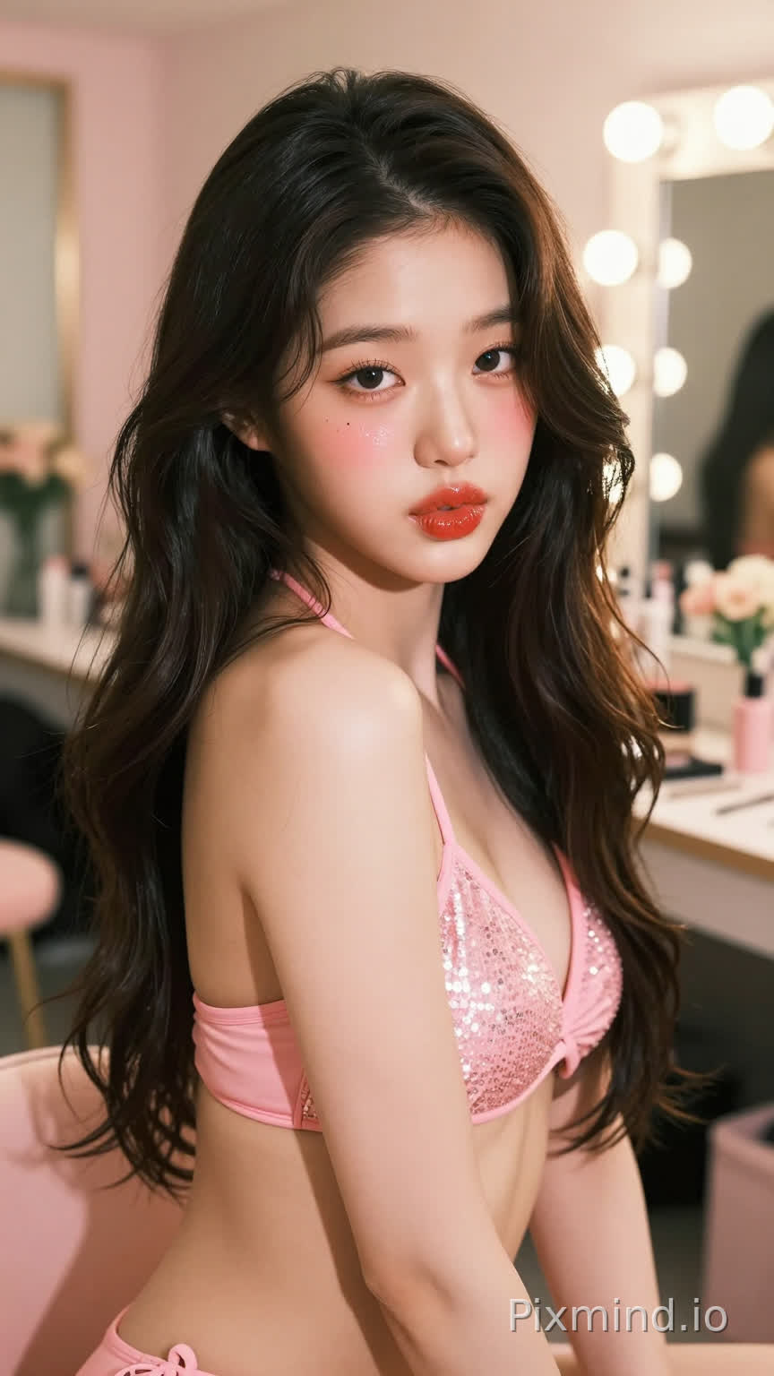 极具写实感的人像摄影,主角是韩国人气偶像张元英的绝美K-pop偶像少女。她拥有精致如瓷娃娃般的面部特征,标志性的水润丰盈嘟嘟唇,涂着晶莹剔透的草莓红唇釉,灵动的大眼睛画着精致的卧蚕和根根分明的睫毛,
腼腆害羞 羞涩、腼腆、微红脸颊,
左眼下方有一颗标志性的泪痣。她留着一头乌黑亮丽的波浪长卷发,发丝随风轻微飘动。
她身着一件粉色比基尼泳装。
背景是一个梦幻般的豪华化妆间或后台走廊,柔和的暖色调灯光,背景中有模糊的化妆镜和鲜花装饰,大光圈镜头带来的奶油般焦外虚化(Bokeh)效果极佳。
光影方面采用专业的演播室布光,柔和的主光照亮面部,侧逆光勾勒出身体轮廓和发丝的金边,皮肤呈现出通透的奶油肌质感。色彩风格清新明亮,带有韩系时尚杂志的胶片滤镜感,高饱和度但色调柔和。8k超高清分辨率,RAW格式直出,极致的细节描绘,从发丝的纹理到衣物的亮片反光都清晰可见,大师级构图,电影级质感,视觉冲击力强。