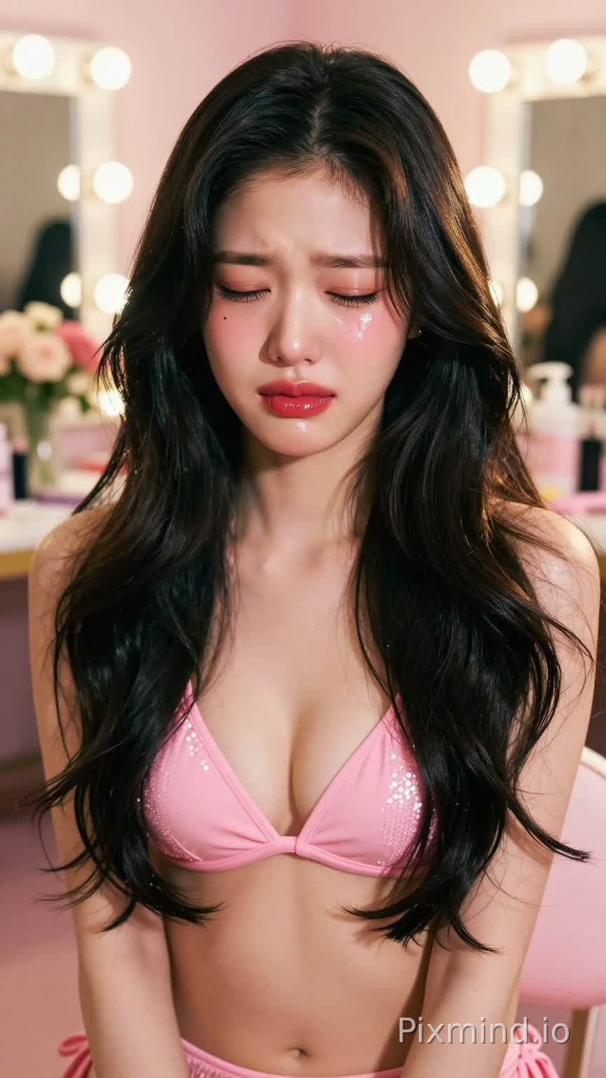 极具写实感的人像摄影,主角是韩国人气偶像张元英的绝美K-pop偶像少女。她拥有精致如瓷娃娃般的面部特征,标志性的水润丰盈嘟嘟唇,涂着晶莹剔透的草莓红唇釉,画着精致的卧蚕和根根分明的睫毛,
紧闭双眼,强忍悲伤,克制痛苦,表情紧绷,
左眼下方有一颗标志性的泪痣。她留着一头乌黑亮丽的波浪长卷发,发丝随风轻微飘动。
她身着一件粉色比基尼泳装。
背景是一个梦幻般的豪华化妆间或后台走廊,柔和的暖色调灯光,背景中有模糊的化妆镜和鲜花装饰,大光圈镜头带来的奶油般焦外虚化(Bokeh)效果极佳。
光影方面采用专业的演播室布光,柔和的主光照亮面部,侧逆光勾勒出身体轮廓和发丝的金边,皮肤呈现出通透的奶油肌质感。色彩风格清新明亮,带有韩系时尚杂志的胶片滤镜感,高饱和度但色调柔和。8k超高清分辨率,RAW格式直出,极致的细节描绘,从发丝的纹理到衣物的亮片反光都清晰可见,大师级构图,电影级质感,视觉冲击力强。