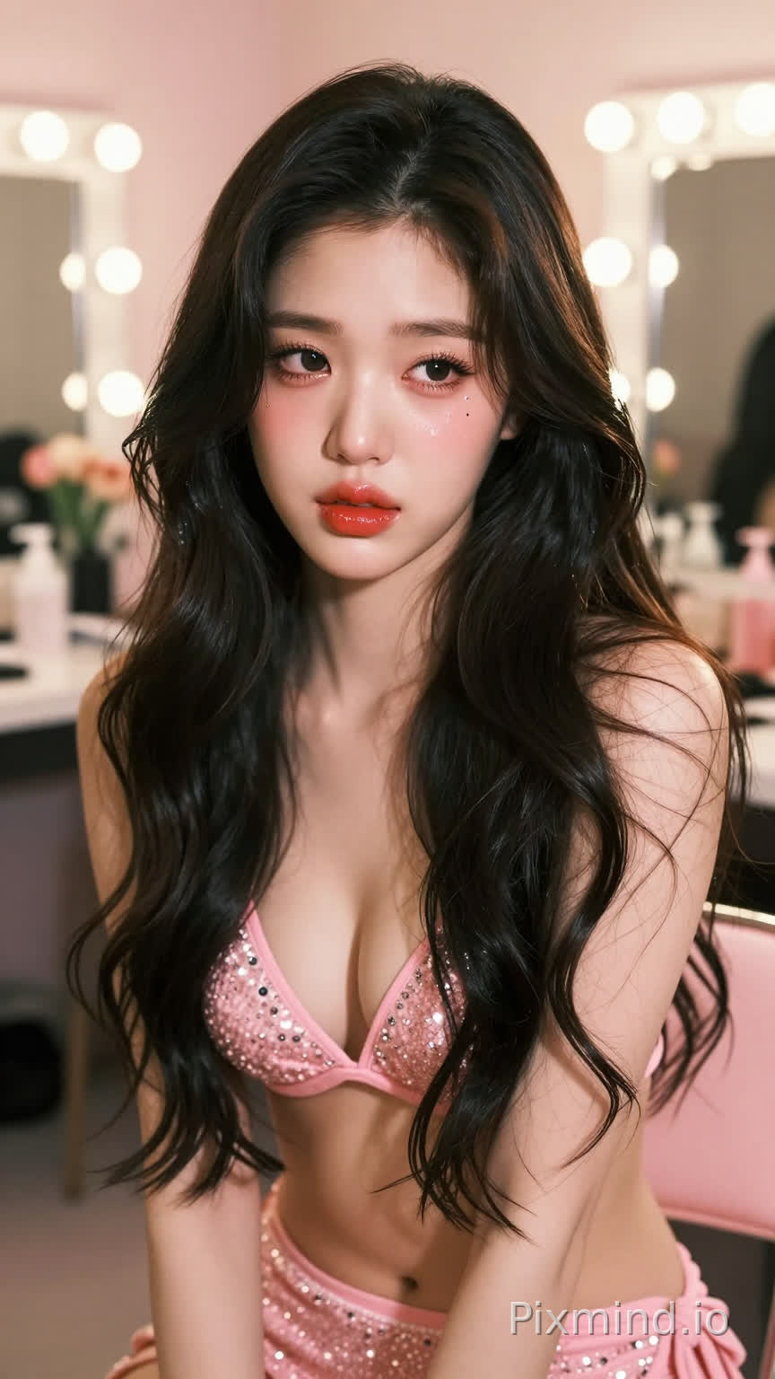 极具写实感的人像摄影,主角是韩国人气偶像张元英的绝美K-pop偶像少女。她拥有精致如瓷娃娃般的面部特征,标志性的水润丰盈嘟嘟唇,涂着晶莹剔透的草莓红唇釉,画着精致的卧蚕和根根分明的睫毛,
眼神委屈,目光怯弱,楚楚可怜,
左眼下方有一颗标志性的泪痣。她留着一头乌黑亮丽的波浪长卷发,发丝随风轻微飘动。
她身着一件粉色比基尼泳装。
背景是一个梦幻般的豪华化妆间或后台走廊,柔和的暖色调灯光,背景中有模糊的化妆镜和鲜花装饰,大光圈镜头带来的奶油般焦外虚化(Bokeh)效果极佳。
光影方面采用专业的演播室布光,柔和的主光照亮面部,侧逆光勾勒出身体轮廓和发丝的金边,皮肤呈现出通透的奶油肌质感。色彩风格清新明亮,带有韩系时尚杂志的胶片滤镜感,高饱和度但色调柔和。8k超高清分辨率,RAW格式直出,极致的细节描绘,从发丝的纹理到衣物的亮片反光都清晰可见,大师级构图,电影级质感,视觉冲击力强。