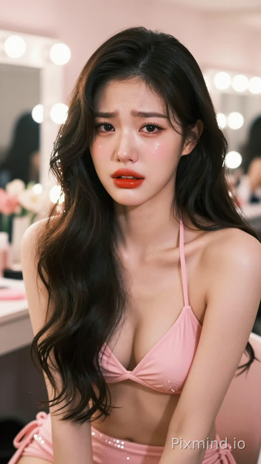 一张令人惊叹的超写人像摄影,主角是韩国人气偶像张元英。她拥有标志性的洋娃娃般精致面容,皮肤如陶瓷般白皙无瑕,呈现出完美的水光肌质感(Glass Skin)。饱满莹润的樱桃红唇,灵动的大眼睛画着精致的卧蚕和根根分明的睫毛,
眼神委屈,强忍悲伤,克制痛苦,表情紧绷,张开嘴巴,
眼下标志性的泪痣清晰可见。一头乌黑浓密的波浪长卷发如瀑布般披散在肩头,每一根发丝都闪烁着健康的光泽。她身着一件粉色比基尼泳装。
背景是一个梦幻般的豪华化妆间或后台走廊,柔和的暖色调灯光,背景中有模糊的化妆镜和鲜花装饰,大光圈镜头带来的奶油般焦外虚化(Bokeh)效果极佳。
光影方面采用专业的演播室布光,柔和的主光照亮面部,侧逆光勾勒出身体轮廓和发丝的金边,皮肤呈现出通透的奶油肌质感。色彩风格清新明亮,带有韩系时尚杂志的胶片滤镜感,高饱和度但色调柔和。8k超高清分辨率,RAW格式直出,极致的细节描绘,从发丝的纹理到衣物的亮片反光都清晰可见,大师级构图,电影级质感,视觉冲击力强。