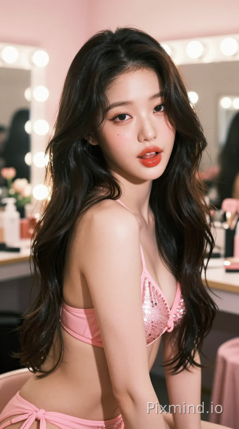 极具写实感的人像摄影,主角是韩国人气偶像张元英的绝美K-pop偶像少女。她拥有精致如瓷娃娃般的面部特征,标志性的水润丰盈嘟嘟唇,涂着晶莹剔透的草莓红唇釉,画着精致的卧蚕和根根分明的睫毛,
眼神慵懒,媚眼如丝,目光迷离,勾人眼神,张开嘴巴,
左眼下方有一颗标志性的泪痣。她留着一头乌黑亮丽的波浪长卷发,发丝随风轻微飘动。
她身着一件粉色比基尼泳装。
背景是一个梦幻般的豪华化妆间或后台走廊,柔和的暖色调灯光,背景中有模糊的化妆镜和鲜花装饰,大光圈镜头带来的奶油般焦外虚化(Bokeh)效果极佳。
光影方面采用专业的演播室布光,柔和的主光照亮面部,侧逆光勾勒出身体轮廓和发丝的金边,皮肤呈现出通透的奶油肌质感。色彩风格清新明亮,带有韩系时尚杂志的胶片滤镜感,高饱和度但色调柔和。8k超高清分辨率,RAW格式直出,极致的细节描绘,从发丝的纹理到衣物的亮片反光都清晰可见,大师级构图,电影级质感,视觉冲击力强。