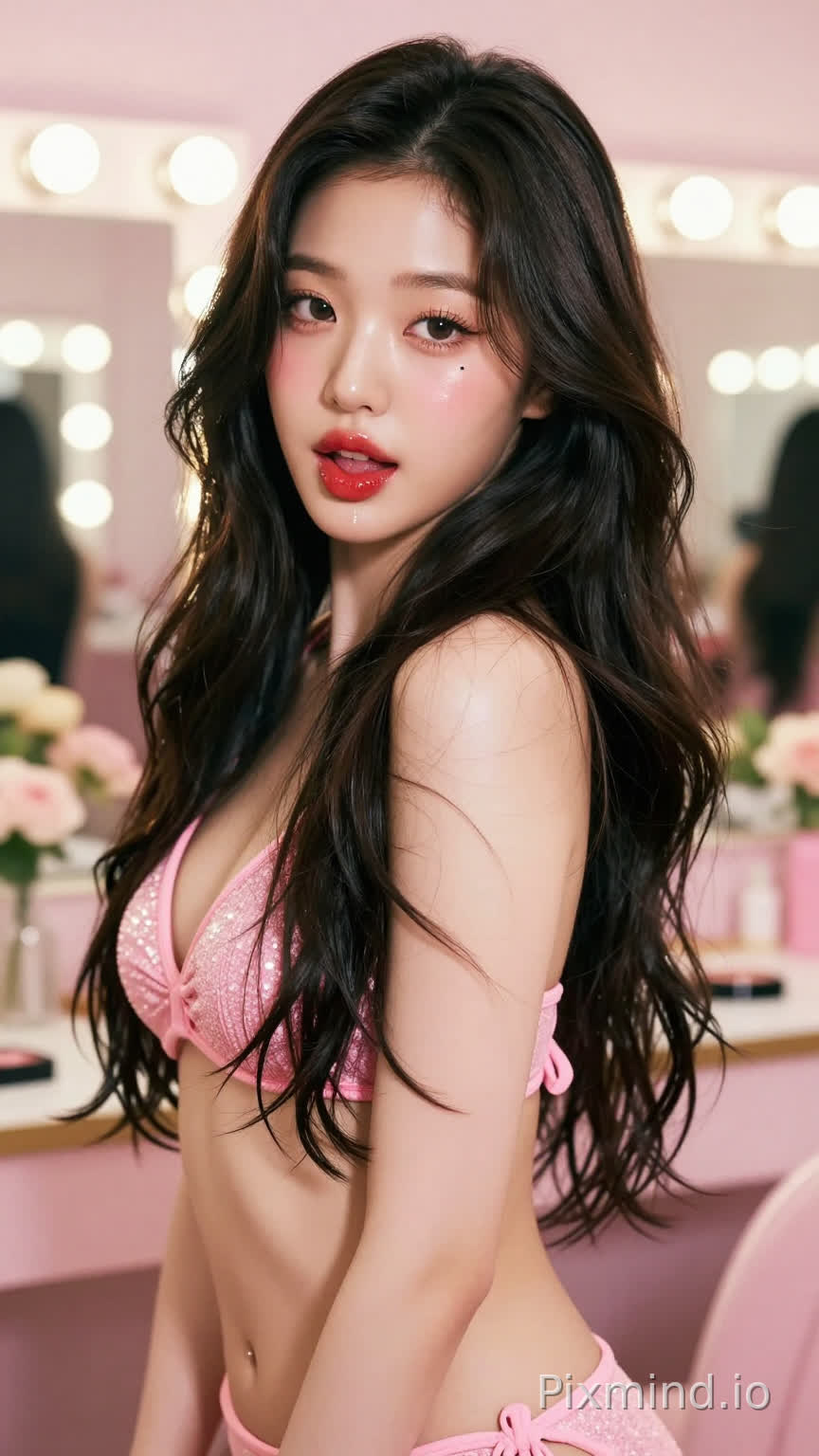 极具写实感的人像摄影,主角是韩国人气偶像张元英的绝美K-pop偶像少女。她拥有精致如瓷娃娃般的面部特征,标志性的水润丰盈嘟嘟唇,涂着晶莹剔透的草莓红唇釉,画着精致的卧蚕和根根分明的睫毛,
媚眼如丝,勾人眼神,张开嘴巴,
左眼下方有一颗标志性的泪痣。她留着一头乌黑亮丽的波浪长卷发,发丝随风轻微飘动。
她身着一件粉色比基尼泳装。
背景是一个梦幻般的豪华化妆间或后台走廊,柔和的暖色调灯光,背景中有模糊的化妆镜和鲜花装饰,大光圈镜头带来的奶油般焦外虚化(Bokeh)效果极佳。
光影方面采用专业的演播室布光,柔和的主光照亮面部,侧逆光勾勒出身体轮廓和发丝的金边,皮肤呈现出通透的奶油肌质感。色彩风格清新明亮,带有韩系时尚杂志的胶片滤镜感,高饱和度但色调柔和。8k超高清分辨率,RAW格式直出,极致的细节描绘,从发丝的纹理到衣物的亮片反光都清晰可见,大师级构图,电影级质感,视觉冲击力强。
