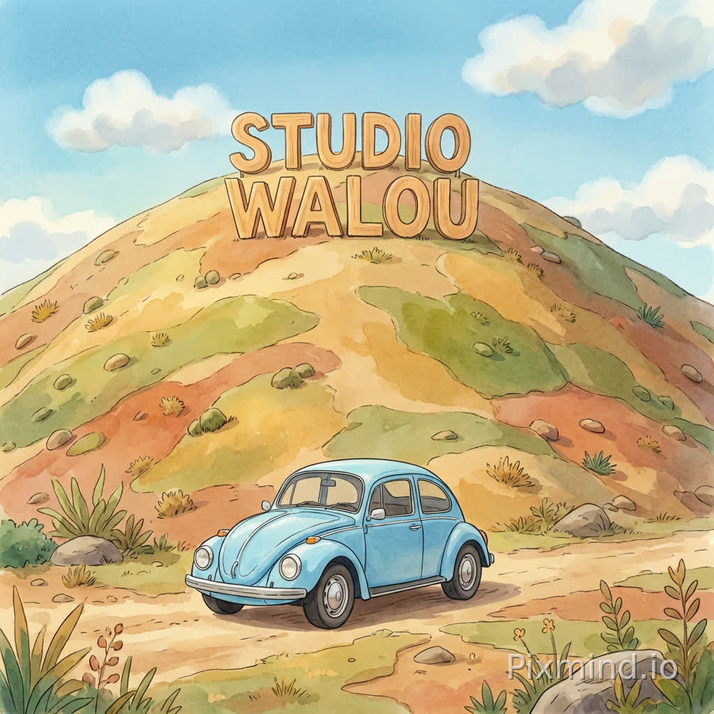 Studio Ghibli style illustration, Hayao Miyazaki inspired,
reinterpret the entire scene as a hand-drawn animated film background,
a soft stylized hill with the "STUDIO WALOU" sign,
a small sky blue car in front,
natural environment, warm earthy colors, soft sky,
watercolor textures, painterly style, gentle lighting,
slightly dreamy and poetic atmosphere,
clean 2D line art, soft shading, hand-painted look,
no photorealism, no 3D render, no plastic texture,
fully illustrated scene, anime movie background style