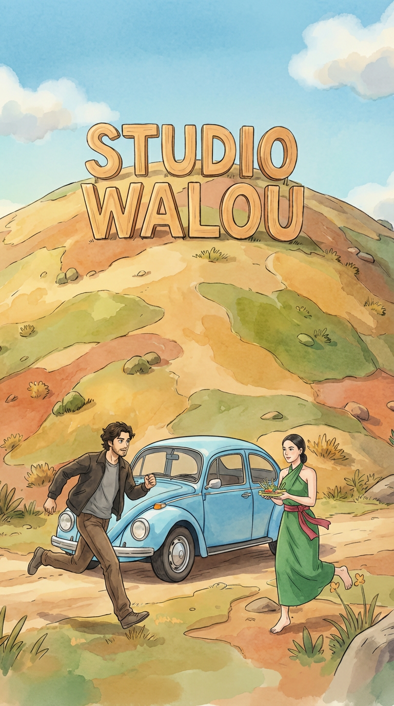 Ghibli style scene, same composition and camera, blue vintage car in front of the hill with "STUDIO WALOU", the two characters are now closer to the car, running toward it from opposite sides, mid-distance, dynamic motion (legs extended, arms swinging), natural running posture, consistent proportions, soft shadows, clean outlines, same camera angle, same framing