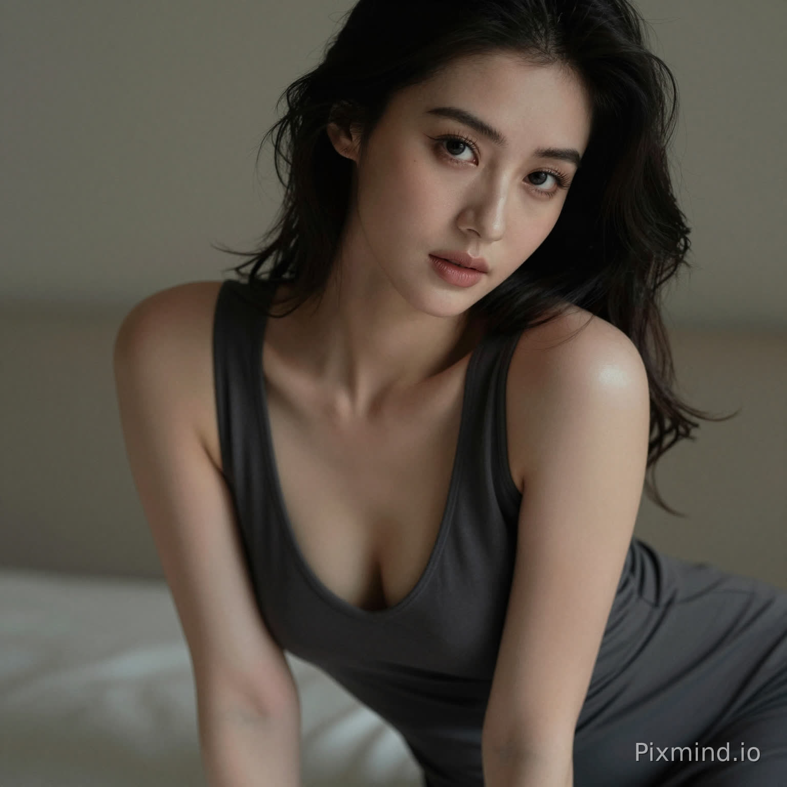 A sensual woman leaning slightly forward, deep neckline dress, subtle cleavage, inviting gaze, soft focus background, intimate framing, realistic skin highlights, moody lighting, editorial sensual photography