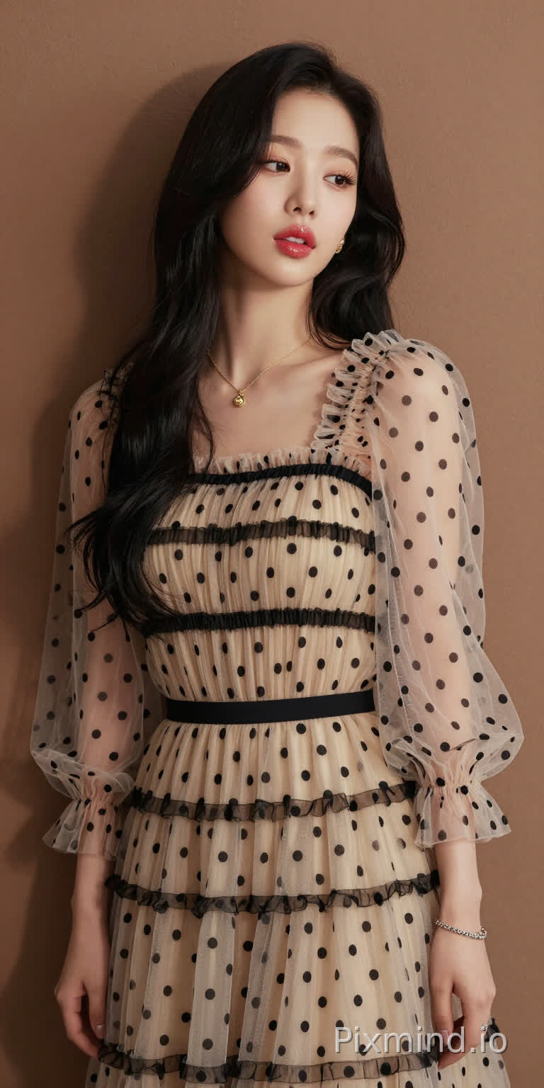 主角是韩国人气偶像张元英的绝美K-pop偶像少女。她拥有精致如瓷娃娃般的面部特征,标志性的水润丰盈嘟嘟唇,涂着晶莹剔透的草莓红唇釉,画着精致的卧蚕和根根分明的睫毛,乌黑的长发自然地瀑布般垂落在肩头,侧身站立,背部微微靠在一面温暖的棕色哑光墙上,墙面有着柔和细腻的纹理作为背景。她身着一条米色薄纱连衣裙,细节精致:轻盈通透的面料上点缀着黑色波点,黑色横条纹贯穿上身、腰部和裙摆,荷叶边褶皱为其增添了层次感。
连衣裙采用方领设计,温柔地勾勒出她的锁骨轮廓,搭配蓬松的钟形袖,袖口处有收紧的褶皱,让薄纱自然垂坠。一条细细的黑色腰带束在腰间,凸显出她的身材曲线。
她佩戴着精致的金色项链,配着小巧的吊坠,还有小巧的金色耳钉,左手腕上戴着一条银色手链。
她的指甲涂着浅色指甲油,乌黑的长发顺畅地垂落在肩头。
她的表情平静慵懒,嘴唇微微张开,媚眼如丝,勾人眼神,五官精致,肌肤光滑,散发出优雅恬静的气质。
光线柔和自然,在墙上投下淡淡的阴影,同时凸显出薄纱的通透感、波点的纹理以及金色配饰的光泽。整个场景极度精细,写实主义风格,具有高电影级质感,8K分辨率,极致画质,注重真实的面料质感和自然的人物特征。