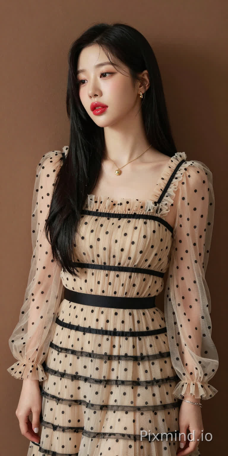 极具写实感的人像摄影,主角是韩国人气偶像张元英的绝美K-pop偶像少女。
她拥有精致如瓷娃娃般的面部特征,标志性的水润丰盈嘟嘟唇,涂着晶莹剔透的草莓红唇釉,画着精致的卧蚕和根根分明的睫毛,有着自然直发的黑色长发,侧身站立,背部微微靠在一面温暖的棕色哑光墙上,墙面有着柔和细腻的纹理作为背景。
她的表情平静慵懒,嘴唇微微张开,媚眼如丝,勾人眼神,五官精致,肌肤光滑。
她身着一条米色薄纱连衣裙,细节精致:轻盈通透的面料上点缀着黑色波点,黑色横条纹贯穿上身、腰部和裙摆,荷叶边褶皱为其增添了层次感。
连衣裙采用方领设计,温柔地勾勒出她的锁骨轮廓,搭配蓬松的钟形袖,袖口处有收紧的褶皱,让薄纱自然垂坠。一条细细的黑色腰带束在腰间,凸显出她的身材曲线。
她佩戴着精致的金色项链,配着小巧的吊坠,还有小巧的金色耳钉,左手腕上戴着一条银色手链。
她的指甲涂着浅色指甲油,乌黑的长发顺畅地垂落在肩头。
光线柔和自然,在墙上投下淡淡的阴影,同时凸显出薄纱的通透感、波点的纹理以及金色配饰的光泽。整个场景极度精细,写实主义风格,具有高电影级质感,8K分辨率,极致画质,注重真实的面料质感和自然的人物特征。