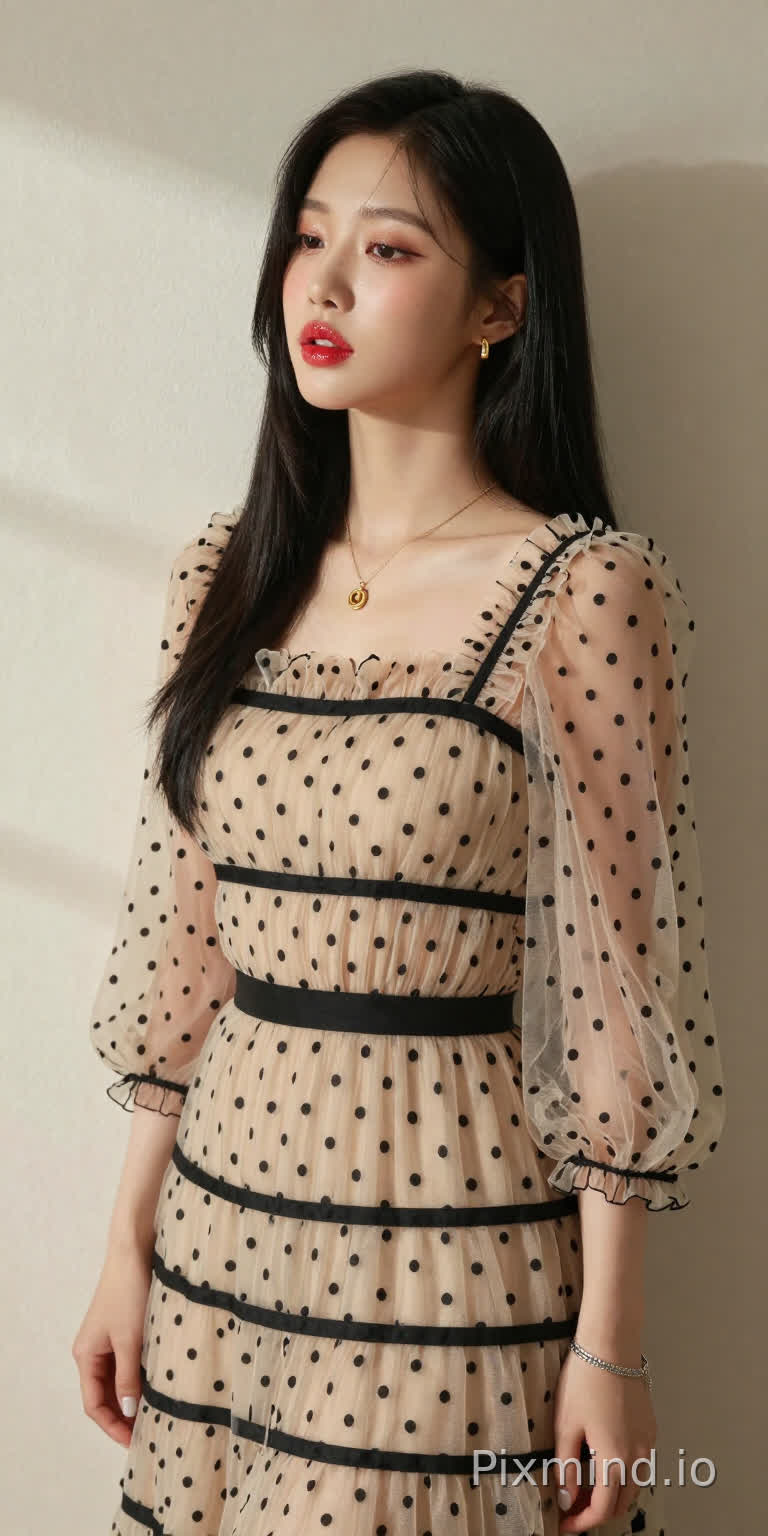 极具写实感的人像摄影,主角是韩国人气偶像张元英的绝美K-pop偶像少女。
她拥有精致如瓷娃娃般的面部特征,标志性的水润丰盈嘟嘟唇,涂着晶莹剔透的草莓红唇釉,画着精致的卧蚕和根根分明的睫毛,有着自然直发的黑色长发,侧身站立,墙面有着柔和细腻的纹理作为背景。
她的表情平静慵懒,嘴唇微微张开,媚眼如丝,勾人眼神,五官精致,肌肤光滑。
她身着一条米色薄纱连衣裙,细节精致:轻盈通透的面料上点缀着黑色波点,黑色横条纹贯穿上身、腰部和裙摆,荷叶边褶皱为其增添了层次感。
连衣裙采用方领设计,温柔地勾勒出她的锁骨轮廓,搭配蓬松的钟形袖,袖口处有收紧的褶皱,让薄纱自然垂坠。一条细细的黑色腰带束在腰间,凸显出她的身材曲线。
她佩戴着精致的金色项链,配着小巧的吊坠,还有小巧的金色耳钉,左手腕上戴着一条银色手链。
她的指甲涂着浅色指甲油,乌黑的长发顺畅地垂落在肩头。
光线柔和自然,在墙上投下淡淡的阴影,同时凸显出薄纱的通透感、波点的纹理以及金色配饰的光泽。整个场景极度精细,写实主义风格,具有高电影级质感,8K分辨率,极致画质,注重真实的面料质感和自然的人物特征。