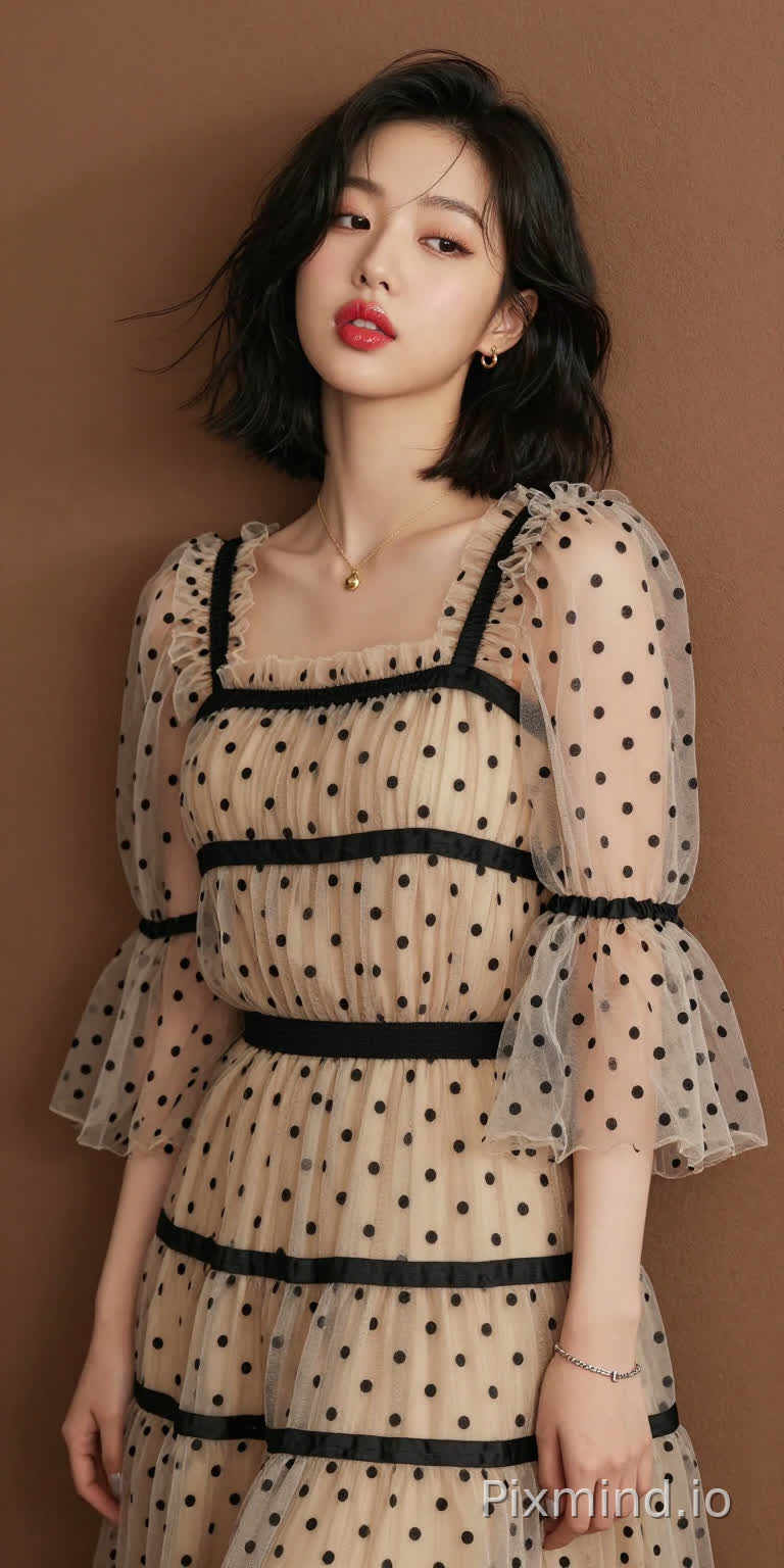 极具写实感的人像摄影,主角是韩国人气偶像张元英的绝美K-pop偶像少女。
她拥有精致如瓷娃娃般的面部特征,标志性的水润丰盈嘟嘟唇,涂着晶莹剔透的草莓红唇釉,画着精致的卧蚕和根根分明的睫毛,留着一头乌黑亮丽的波浪短卷发,发丝随风轻微飘动,侧身站立,背部微微靠在一面温暖的棕色哑光墙上,墙面有着柔和细腻的纹理作为背景。
她的表情平静慵懒,媚眼如丝,勾人眼神,五官精致,肌肤光滑,嘴唇微微张开。
她身着一条米色薄纱连衣裙,细节精致:轻盈通透的面料上点缀着黑色波点,黑色横条纹贯穿上身、腰部和裙摆,荷叶边褶皱为其增添了层次感。
连衣裙采用方领设计,温柔地勾勒出她的锁骨轮廓,搭配蓬松的钟形袖,袖口处有收紧的褶皱,让薄纱自然垂坠。一条细细的黑色腰带束在腰间,凸显出她的身材曲线。
她佩戴着精致的金色项链,配着小巧的吊坠,还有小巧的金色耳钉,左手腕上戴着一条银色手链。
她的指甲涂着浅色指甲油,乌黑的长发顺畅地垂落在肩头。
光线柔和自然,在墙上投下淡淡的阴影,同时凸显出薄纱的通透感、波点的纹理以及金色配饰的光泽。整个场景极度精细,写实主义风格,具有高电影级质感,8K分辨率,极致画质,注重真实的面料质感和自然的人物特征。