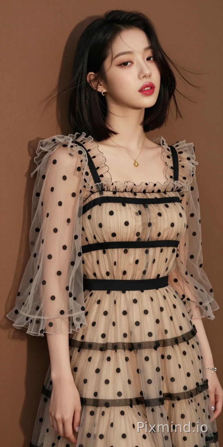 极具写实感的人像摄影,主角是韩国人气偶像张元英的绝美K-pop偶像少女。
她拥有精致如瓷娃娃般的面部特征,标志性的水润丰盈嘟嘟唇,涂着晶莹剔透的草莓红唇釉,画着精致的卧蚕和根根分明的睫毛,留着一头乌黑亮丽的波波头,发丝随风轻微飘动,侧身站立,背部微微靠在一面温暖的棕色哑光墙上,墙面有着柔和细腻的纹理作为背景。
她的表情慵懒,媚眼如丝,勾人眼神,五官精致,肌肤光滑,嘴唇微微张开。
她身着一条米色薄纱连衣裙,细节精致:轻盈通透的面料上点缀着黑色波点,黑色横条纹贯穿上身、腰部和裙摆,荷叶边褶皱为其增添了层次感。
连衣裙采用方领设计,温柔地勾勒出她的锁骨轮廓,搭配蓬松的钟形袖,袖口处有收紧的褶皱,让薄纱自然垂坠。一条细细的黑色腰带束在腰间,凸显出她的身材曲线。
她佩戴着精致的金色项链,配着小巧的吊坠,还有小巧的金色耳钉,左手腕上戴着一条银色手链。
她的指甲涂着浅色指甲油,乌黑的长发顺畅地垂落在肩头。
光线柔和自然,在墙上投下淡淡的阴影,同时凸显出薄纱的通透感、波点的纹理以及金色配饰的光泽。整个场景极度精细,写实主义风格,具有高电影级质感,8K分辨率,极致画质,注重真实的面料质感和自然的人物特征。