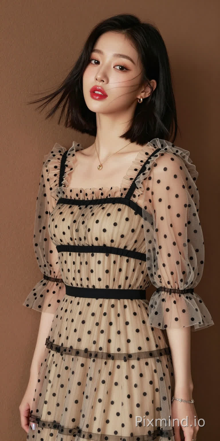 极具写实感的人像摄影,主角是韩国人气偶像张元英的绝美K-pop偶像少女。
她拥有精致如瓷娃娃般的面部特征,标志性的水润丰盈嘟嘟唇,涂着晶莹剔透的草莓红唇釉,画着精致的卧蚕和根根分明的睫毛,留着一头乌黑亮丽的齐耳短发,发丝随风轻微飘动,侧身站立,背部微微靠在一面温暖的棕色哑光墙上,墙面有着柔和细腻的纹理作为背景。
她的表情慵懒,媚眼如丝,勾人眼神,五官精致,肌肤光滑,嘴唇微微张开。
她身着一条米色薄纱连衣裙,细节精致:轻盈通透的面料上点缀着黑色波点,黑色横条纹贯穿上身、腰部和裙摆,荷叶边褶皱为其增添了层次感。
连衣裙采用方领设计,温柔地勾勒出她的锁骨轮廓,搭配蓬松的钟形袖,袖口处有收紧的褶皱,让薄纱自然垂坠。一条细细的黑色腰带束在腰间,凸显出她的身材曲线。
她佩戴着精致的金色项链,配着小巧的吊坠,还有小巧的金色耳钉,左手腕上戴着一条银色手链。
她的指甲涂着浅色指甲油,乌黑的长发顺畅地垂落在肩头。
光线柔和自然,在墙上投下淡淡的阴影,同时凸显出薄纱的通透感、波点的纹理以及金色配饰的光泽。整个场景极度精细,写实主义风格,具有高电影级质感,8K分辨率,极致画质,注重真实的面料质感和自然的人物特征。
