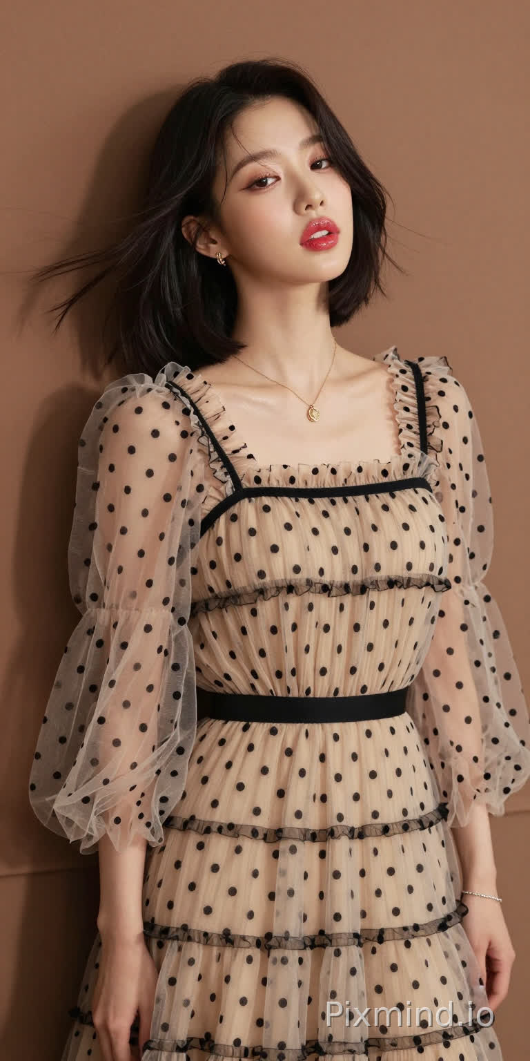 极具写实感的人像摄影,主角是韩国人气偶像张元英的绝美K-pop偶像少女。
她拥有精致如瓷娃娃般的面部特征,标志性的水润丰盈嘟嘟唇,涂着晶莹剔透的草莓红唇釉,画着精致的卧蚕和根根分明的睫毛,她拥有一头乌黑亮丽的齐耳短发,发丝随风轻微飘动,侧身站立,背部微微靠在一面温暖的棕色哑光墙上,墙面有着柔和细腻的纹理作为背景。
她的表情慵懒,媚眼如丝,勾人眼神,五官精致,肌肤光滑,嘴唇微微张开。
她身着一条米色薄纱连衣裙,细节精致:轻盈通透的面料上点缀着黑色波点,黑色横条纹贯穿上身、腰部和裙摆,荷叶边褶皱为其增添了层次感。
连衣裙采用方领设计,温柔地勾勒出她的锁骨轮廓,搭配蓬松的钟形袖,袖口处有收紧的褶皱,让薄纱自然垂坠。一条细细的黑色腰带束在腰间,凸显出她的身材曲线。
她佩戴着精致的金色项链,配着小巧的吊坠,还有小巧的金色耳钉,左手腕上戴着一条银色手链。
她的指甲涂着浅色指甲油。
光线柔和自然,在墙上投下淡淡的阴影,同时凸显出薄纱的通透感、波点的纹理以及金色配饰的光泽。整个场景极度精细,写实主义风格,具有高电影级质感,8K分辨率,极致画质,注重真实的面料质感和自然的人物特征。