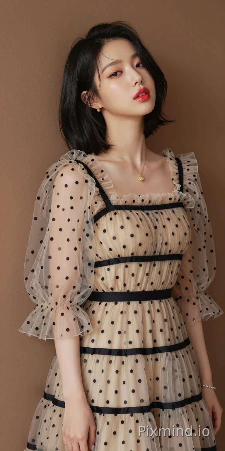 极具写实感的人像摄影,主角是韩国人气偶像张元英的绝美K-pop偶像少女。
她拥有精致如瓷娃娃般的面部特征,标志性的水润丰盈嘟嘟唇,涂着晶莹剔透的草莓红唇釉,画着精致的卧蚕和根根分明的睫毛,拥有一头乌黑亮丽的狼尾短发,轻微飘发,侧身站立,背部微微靠在一面温暖的棕色哑光墙上,墙面有着柔和细腻的纹理作为背景。
她的表情慵懒,媚眼如丝,勾人眼神,五官精致,肌肤光滑,嘴唇微微张开。
她身着一条米色薄纱连衣裙,细节精致:轻盈通透的面料上点缀着黑色波点,黑色横条纹贯穿上身、腰部和裙摆,荷叶边褶皱为其增添了层次感。
连衣裙采用方领设计,温柔地勾勒出她的锁骨轮廓,搭配蓬松的钟形袖,袖口处有收紧的褶皱,让薄纱自然垂坠。一条细细的黑色腰带束在腰间,凸显出她的身材曲线。
她佩戴着精致的金色项链,配着小巧的吊坠,还有小巧的金色耳钉,左手腕上戴着一条银色手链。
她的指甲涂着浅色指甲油。
光线柔和自然,在墙上投下淡淡的阴影,同时凸显出薄纱的通透感、波点的纹理以及金色配饰的光泽。整个场景极度精细,写实主义风格,具有高电影级质感,8K分辨率,极致画质,注重真实的面料质感和自然的人物特征。