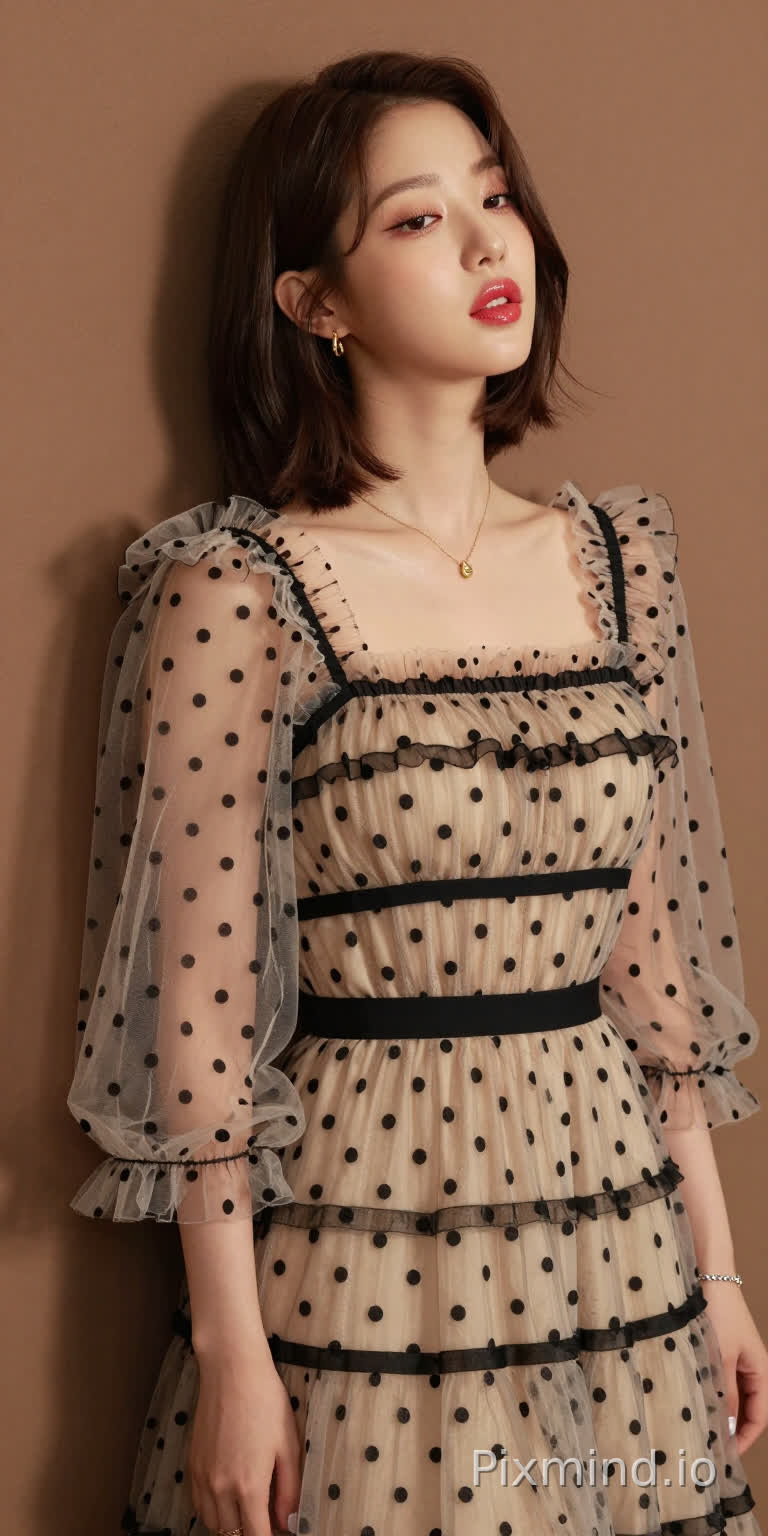 极具写实感的人像摄影,主角是韩国人气偶像张元英的绝美K-pop偶像少女。
她拥有精致如瓷娃娃般的面部特征,标志性的水润丰盈嘟嘟唇,涂着晶莹剔透的草莓红唇釉,画着精致的卧蚕和根根分明的睫毛,超短发,侧身站立,背部微微靠在一面温暖的棕色哑光墙上,墙面有着柔和细腻的纹理作为背景。
她的表情慵懒,媚眼如丝,勾人眼神,五官精致,肌肤光滑,嘴唇微微张开。
她身着一条米色薄纱连衣裙,细节精致:轻盈通透的面料上点缀着黑色波点,黑色横条纹贯穿上身、腰部和裙摆,荷叶边褶皱为其增添了层次感。
连衣裙采用方领设计,温柔地勾勒出她的锁骨轮廓,搭配蓬松的钟形袖,袖口处有收紧的褶皱,让薄纱自然垂坠。一条细细的黑色腰带束在腰间,凸显出她的身材曲线。
她佩戴着精致的金色项链,配着小巧的吊坠,还有小巧的金色耳钉,左手腕上戴着一条银色手链。
她的指甲涂着浅色指甲油。
光线柔和自然,在墙上投下淡淡的阴影,同时凸显出薄纱的通透感、波点的纹理以及金色配饰的光泽。整个场景极度精细,写实主义风格,具有高电影级质感,8K分辨率,极致画质,注重真实的面料质感和自然的人物特征。