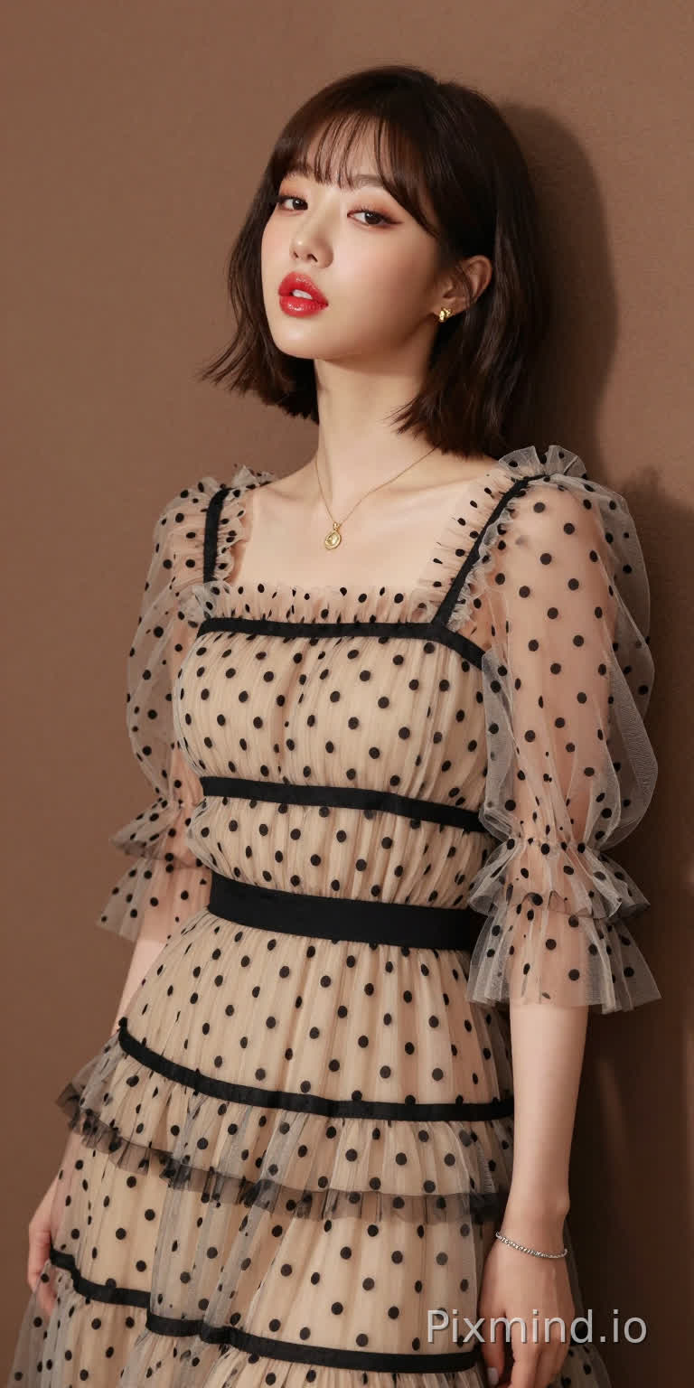 极具写实感的人像摄影,主角是韩国人气偶像张元英的绝美K-pop偶像少女。
她拥有精致如瓷娃娃般的面部特征,标志性的水润丰盈嘟嘟唇,涂着晶莹剔透的草莓红唇釉,画着精致的卧蚕和根根分明的睫毛,空气刘海超短发,侧身站立,背部微微靠在一面温暖的棕色哑光墙上,墙面有着柔和细腻的纹理作为背景。
她的表情慵懒,媚眼如丝,勾人眼神,五官精致,肌肤光滑,嘴唇微微张开。
她身着一条米色薄纱连衣裙,细节精致:轻盈通透的面料上点缀着黑色波点,黑色横条纹贯穿上身、腰部和裙摆,荷叶边褶皱为其增添了层次感。
连衣裙采用方领设计,温柔地勾勒出她的锁骨轮廓,搭配蓬松的钟形袖,袖口处有收紧的褶皱,让薄纱自然垂坠。一条细细的黑色腰带束在腰间,凸显出她的身材曲线。
她佩戴着精致的金色项链,配着小巧的吊坠,还有小巧的金色耳钉,左手腕上戴着一条银色手链。
她的指甲涂着浅色指甲油。
光线柔和自然,在墙上投下淡淡的阴影,同时凸显出薄纱的通透感、波点的纹理以及金色配饰的光泽。整个场景极度精细,写实主义风格,具有高电影级质感,8K分辨率,极致画质,注重真实的面料质感和自然的人物特征。