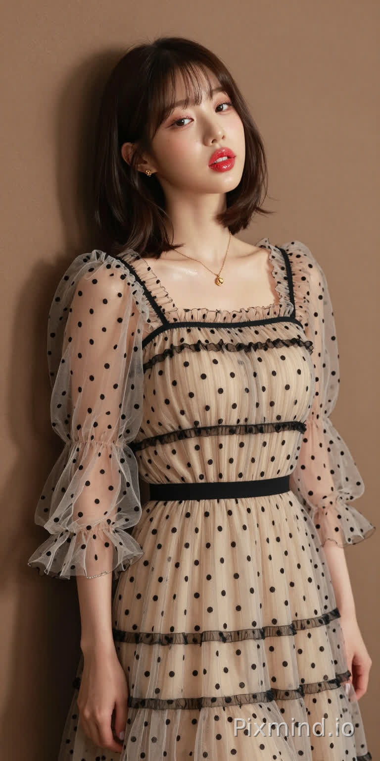 极具写实感的人像摄影,主角是韩国人气偶像张元英的绝美K-pop偶像少女。
她拥有精致如瓷娃娃般的面部特征,标志性的水润丰盈嘟嘟唇,涂着晶莹剔透的草莓红唇釉,画着精致的卧蚕和根根分明的睫毛,空气刘海波波头,侧身站立,背部微微靠在一面温暖的棕色哑光墙上,墙面有着柔和细腻的纹理作为背景。
她的表情慵懒,媚眼如丝,勾人眼神,五官精致,肌肤光滑,嘴唇微微张开。
她身着一条米色薄纱连衣裙,细节精致:轻盈通透的面料上点缀着黑色波点,黑色横条纹贯穿上身、腰部和裙摆,荷叶边褶皱为其增添了层次感。
连衣裙采用方领设计,温柔地勾勒出她的锁骨轮廓,搭配蓬松的钟形袖,袖口处有收紧的褶皱,让薄纱自然垂坠。一条细细的黑色腰带束在腰间,凸显出她的身材曲线。
她佩戴着精致的金色项链,配着小巧的吊坠,还有小巧的金色耳钉,左手腕上戴着一条银色手链。
她的指甲涂着浅色指甲油。
光线柔和自然,在墙上投下淡淡的阴影,同时凸显出薄纱的通透感、波点的纹理以及金色配饰的光泽。整个场景极度精细,写实主义风格,具有高电影级质感,8K分辨率,极致画质,注重真实的面料质感和自然的人物特征。